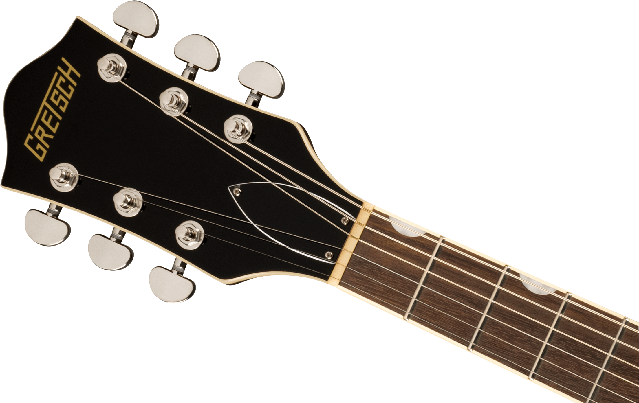 Tête de guitare électrique noire Gretsch avec six mécaniques argentées et touche en bois à repères ronds blancs.
