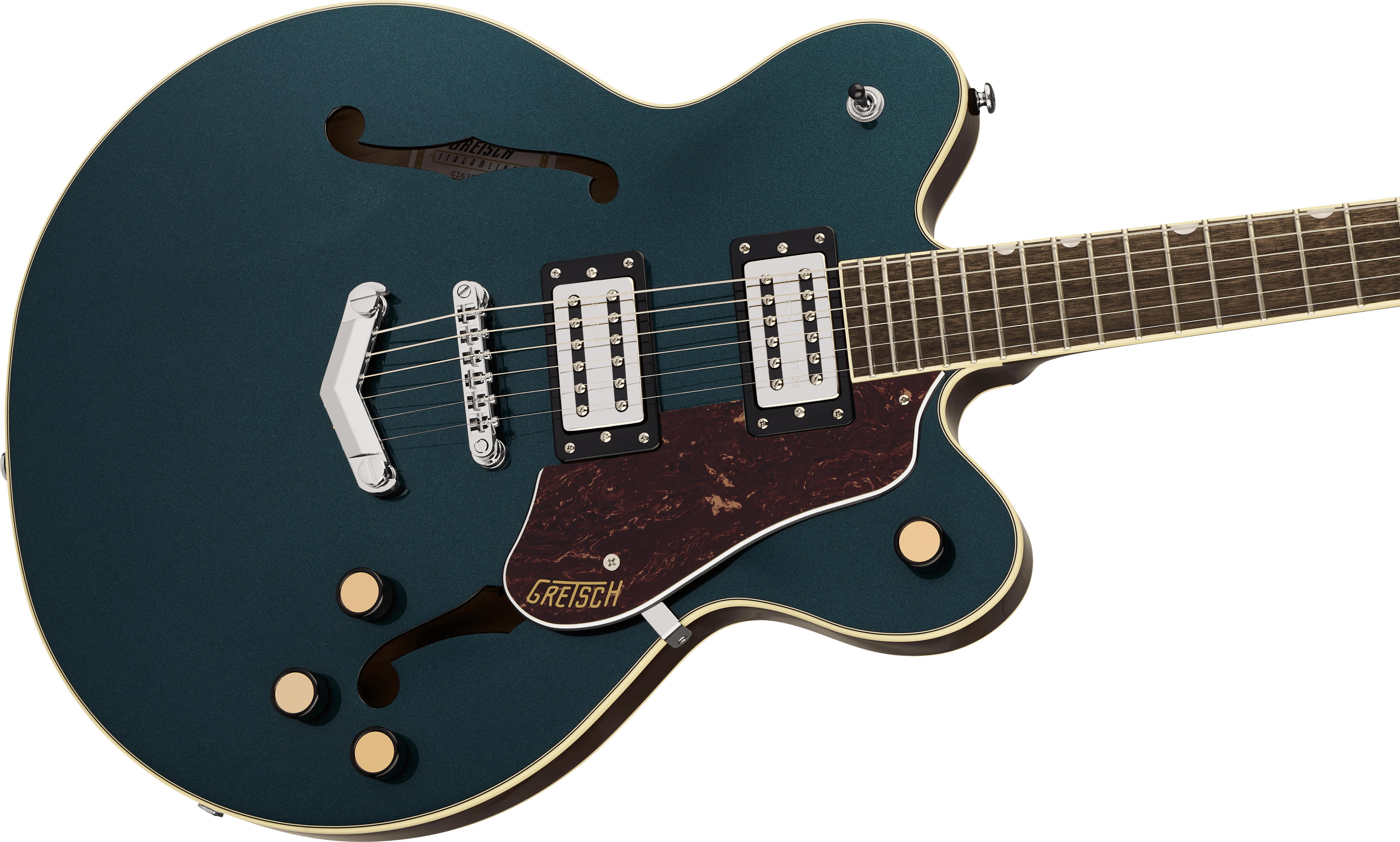 Dark teal semi-hollow electric guitar with cream binding, two humbucker pickups, three gold knobs, tortoiseshell pickguard, and F-shaped sound hole.