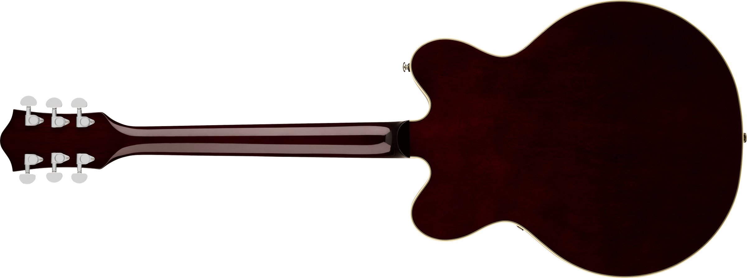 Back view of a deep red hollow body electric guitar with a glossy finish and cream binding along the edges. Six chrome tuning pegs are visible.
