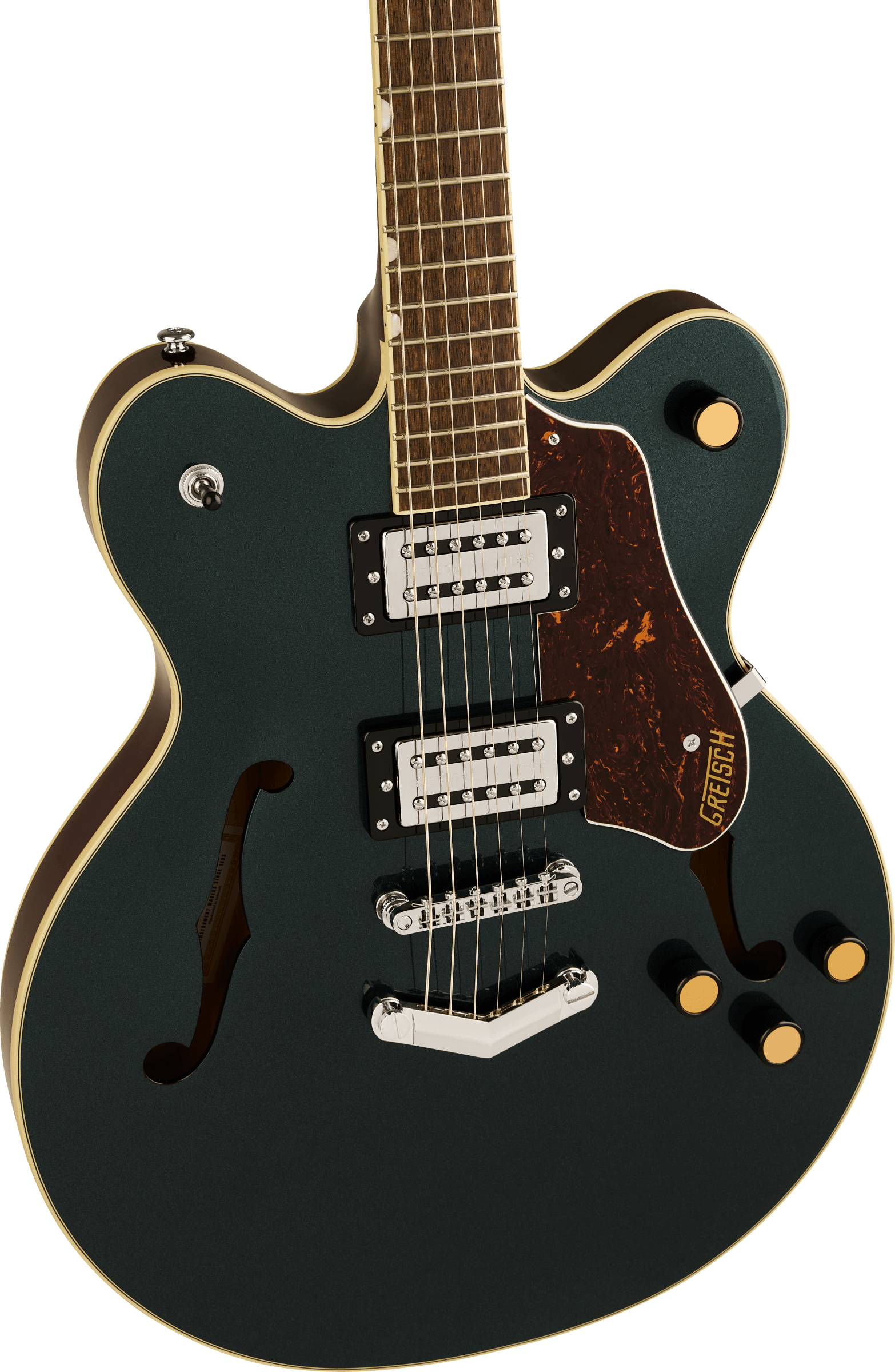 Dark green Gretsch electric guitar with two humbucker pickups, four gold-knob controls, f-holes, and a brown tortoiseshell pickguard.
