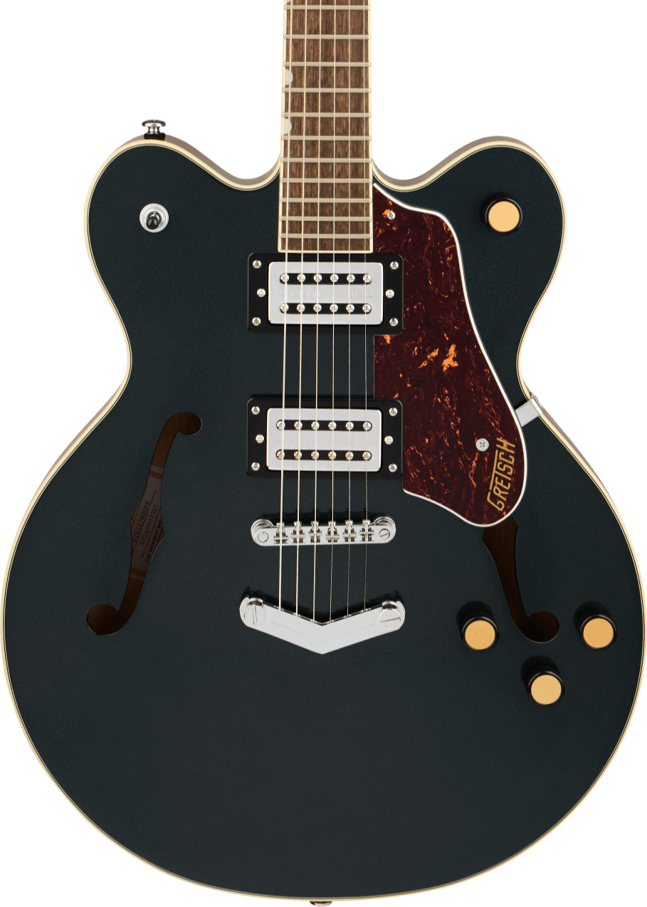 Black semi-hollow electric guitar with two humbucker pickups, gold knobs, tortoiseshell pickguard, and f-holes on each side.