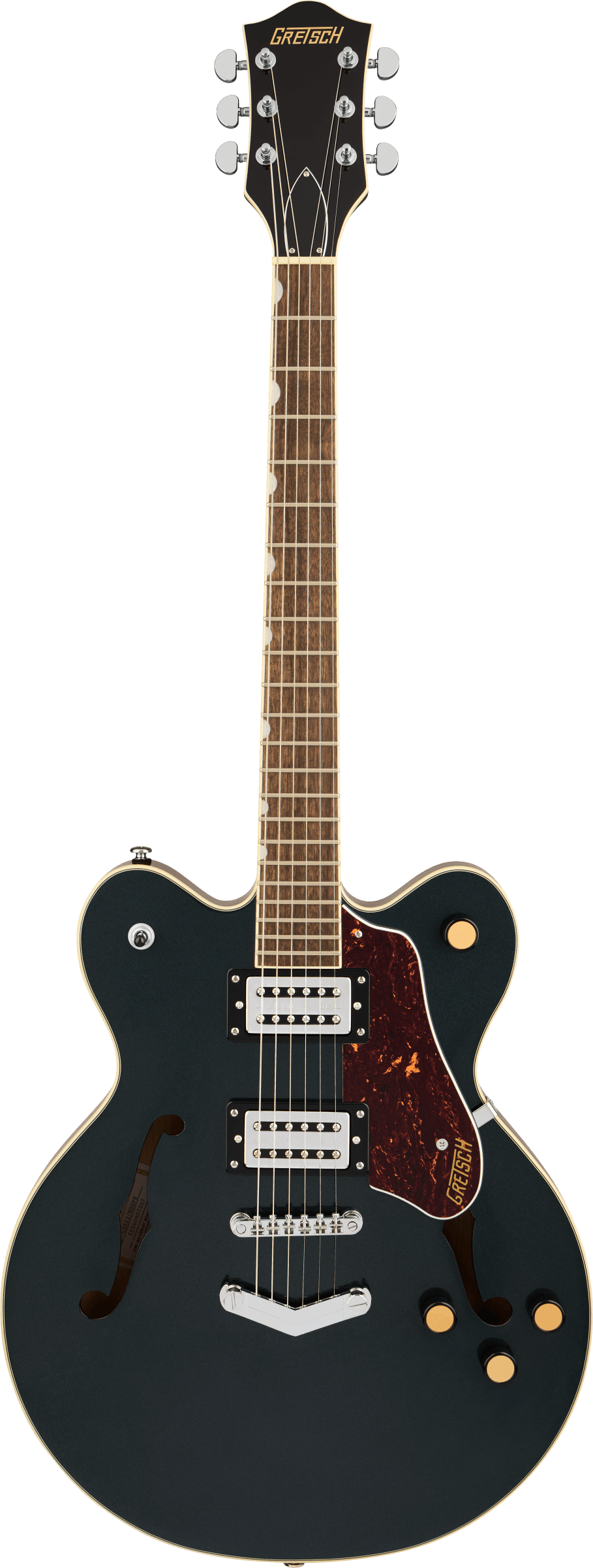 Gretsch electric guitar, black semi-hollow body, two pickups, tortoiseshell pickguard, gold knobs, and f-shaped sound holes on the body.