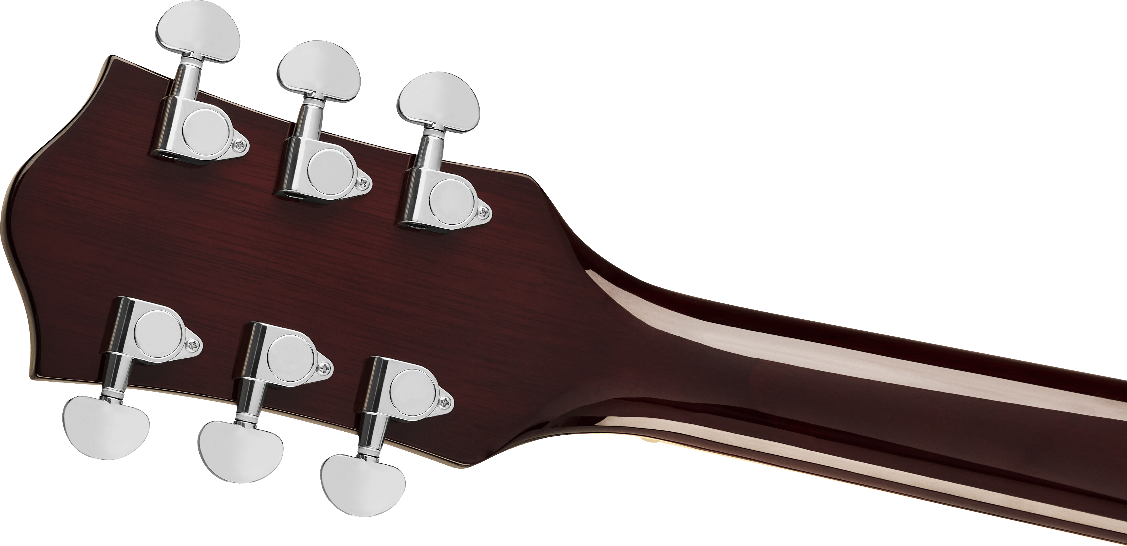 Back of an electric guitar headstock and neck, showing six chrome tuning pegs on dark reddish wood with a contrasting light stripe down the neck.