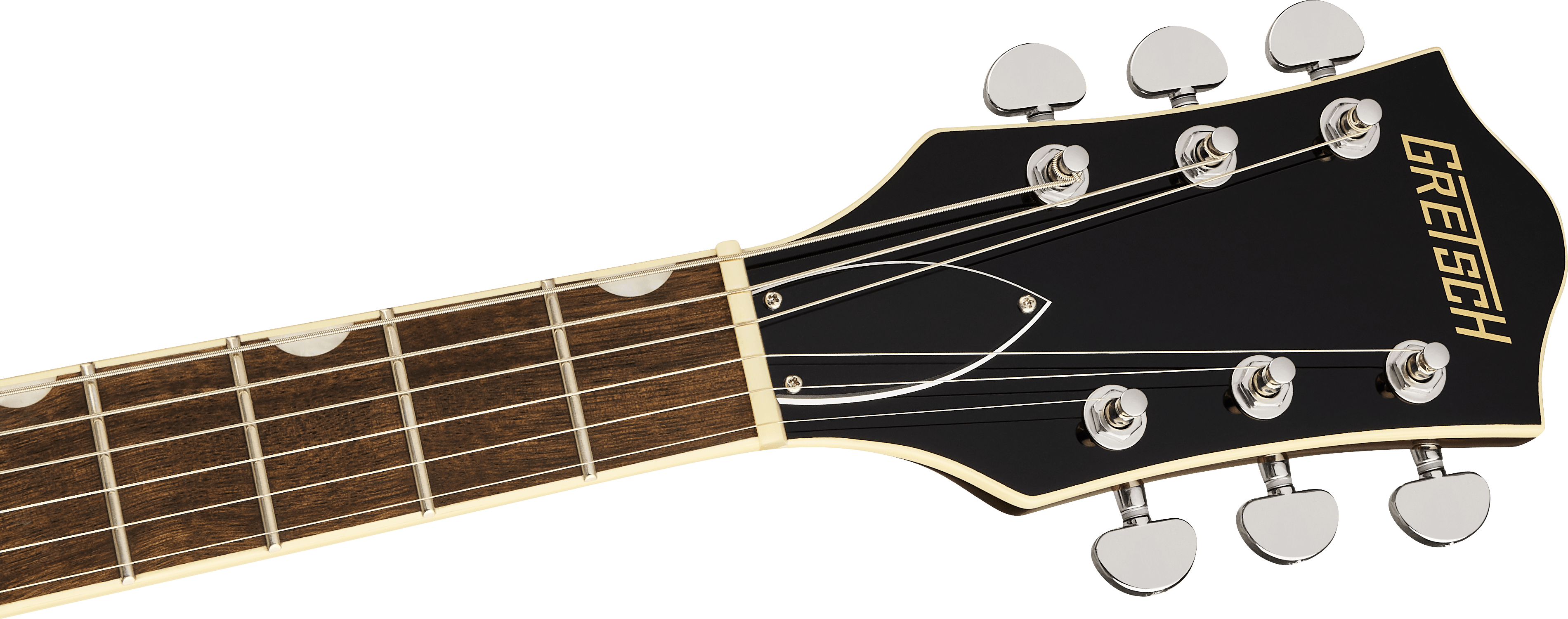 Electric guitar headstock with six tuning pegs, black faceplate, gold Gretsch logo, and part of a wooden fretboard with white position markers.