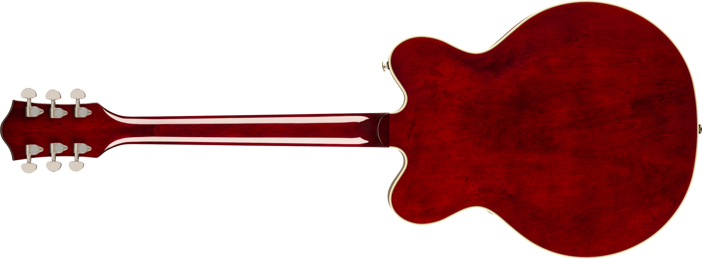 Deep red electric guitar back with a glossy finish, cream binding, and six tuning pegs, showcasing a wide semi-hollow body and set neck construction.