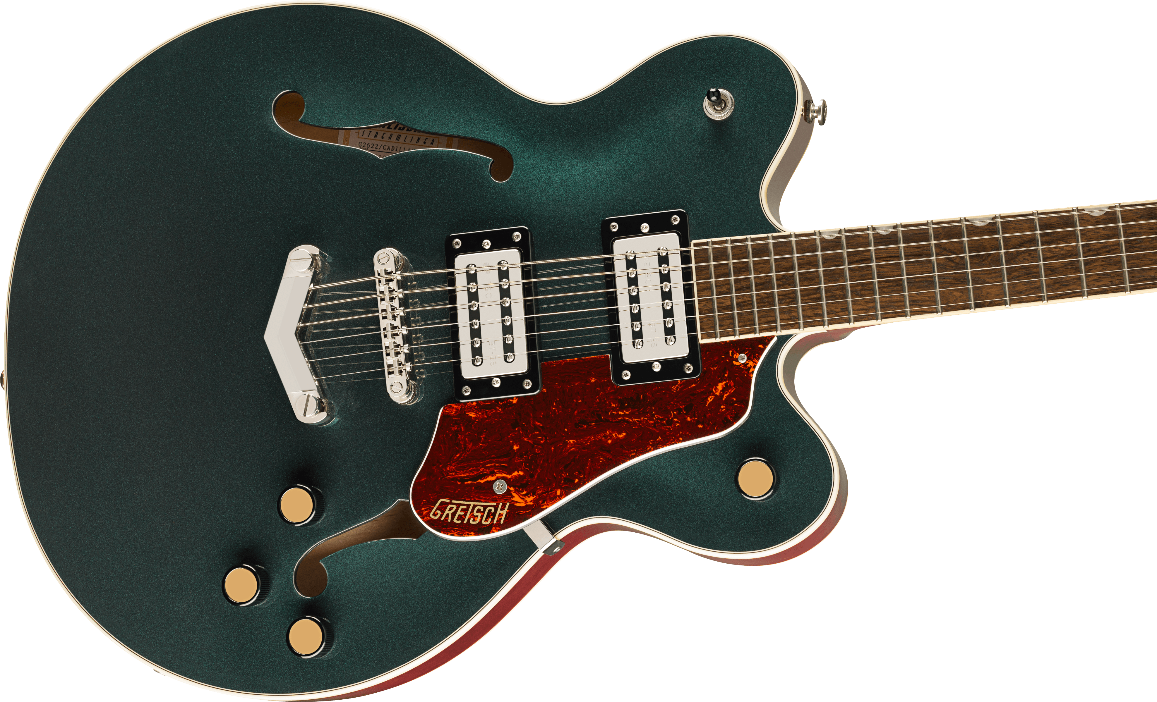 Dark green electric guitar with two humbucker pickups, three gold knobs, a red tortoiseshell pickguard labeled Gretsch, and an f-shaped sound hole.