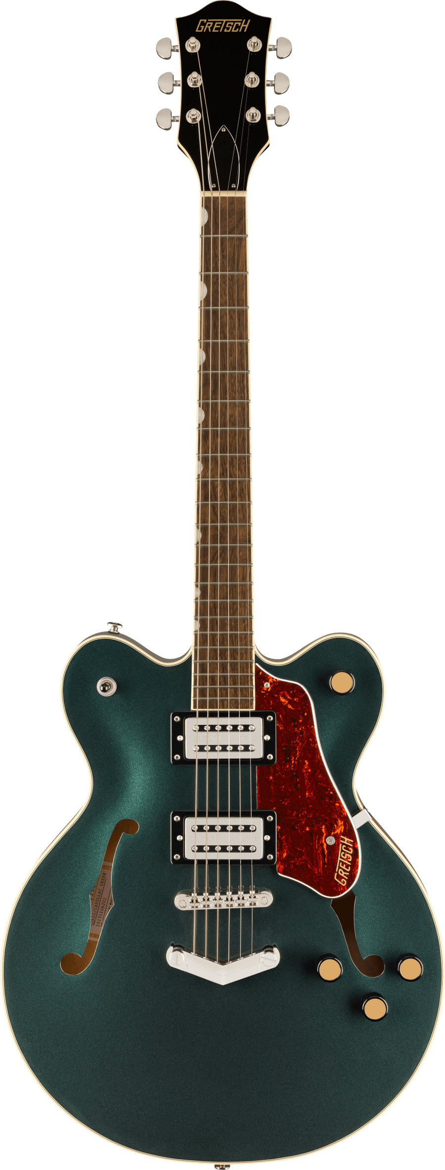Gretsch electric guitar in metallic green with two humbucker pickups, a tortoiseshell pickguard, and f-shaped sound holes on the body.