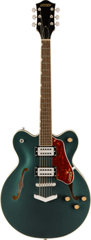 Gretsch electric guitar in metallic green with two humbucker pickups, a tortoiseshell pickguard, and f-shaped sound holes on the body.