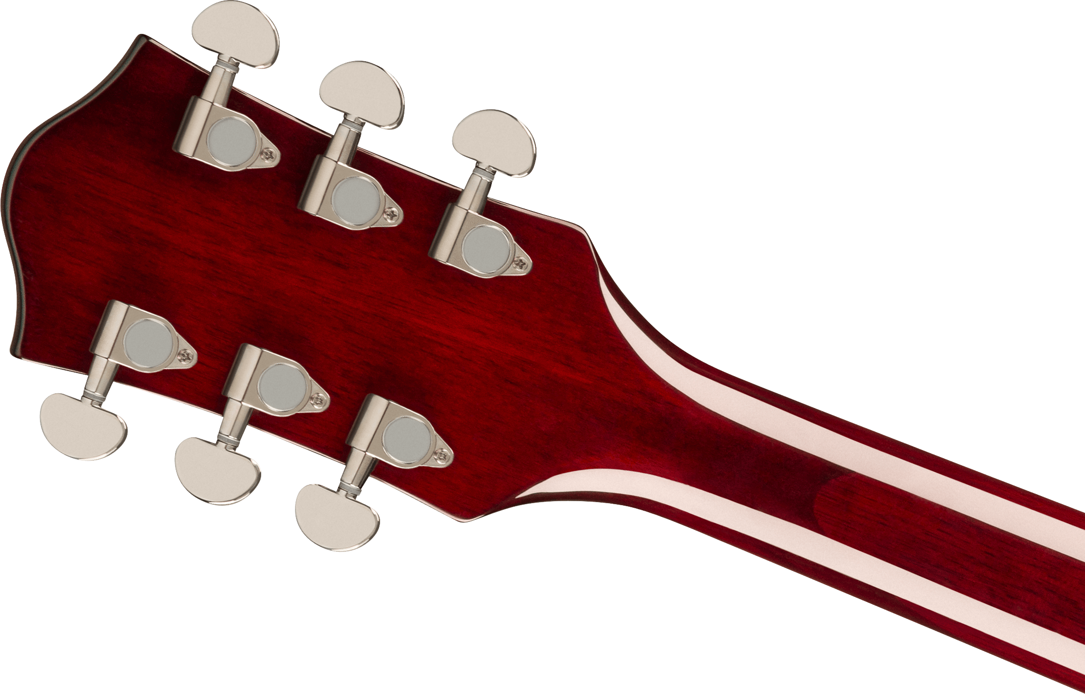 Six metallic tuning pegs on a glossy red electric guitar headstock with a visible light wood stripe running down the back of the neck.