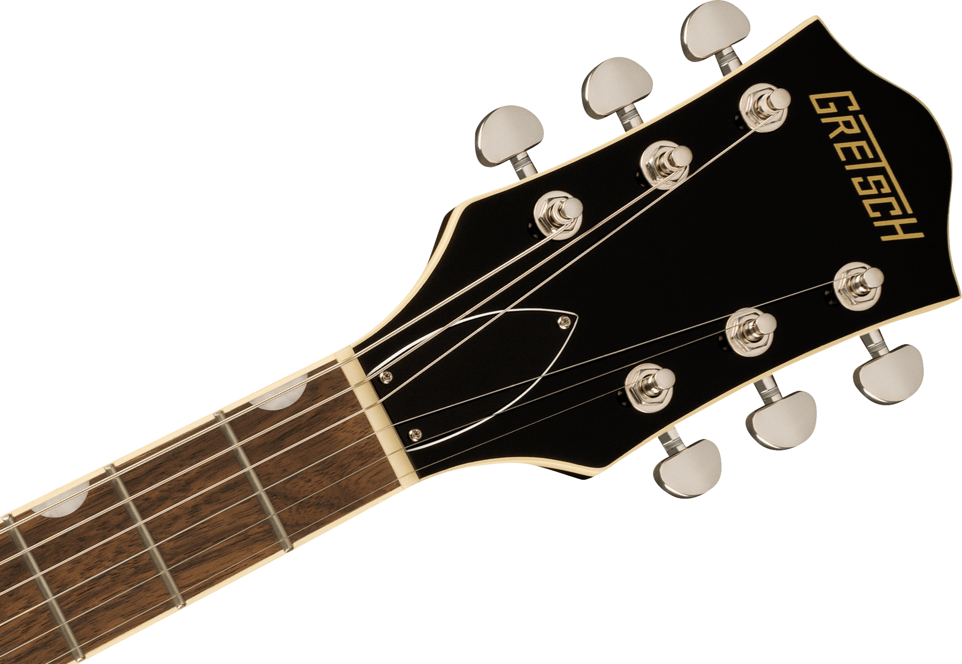 Gretsch electric guitar headstock with six chrome tuning pegs, black faceplate, gold logo, and rosewood fretboard with pearloid inlays.