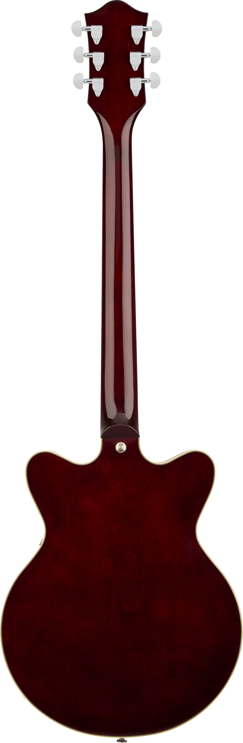 Back of a deep red, double-cutaway electric guitar with cream binding and six chrome tuning pegs.