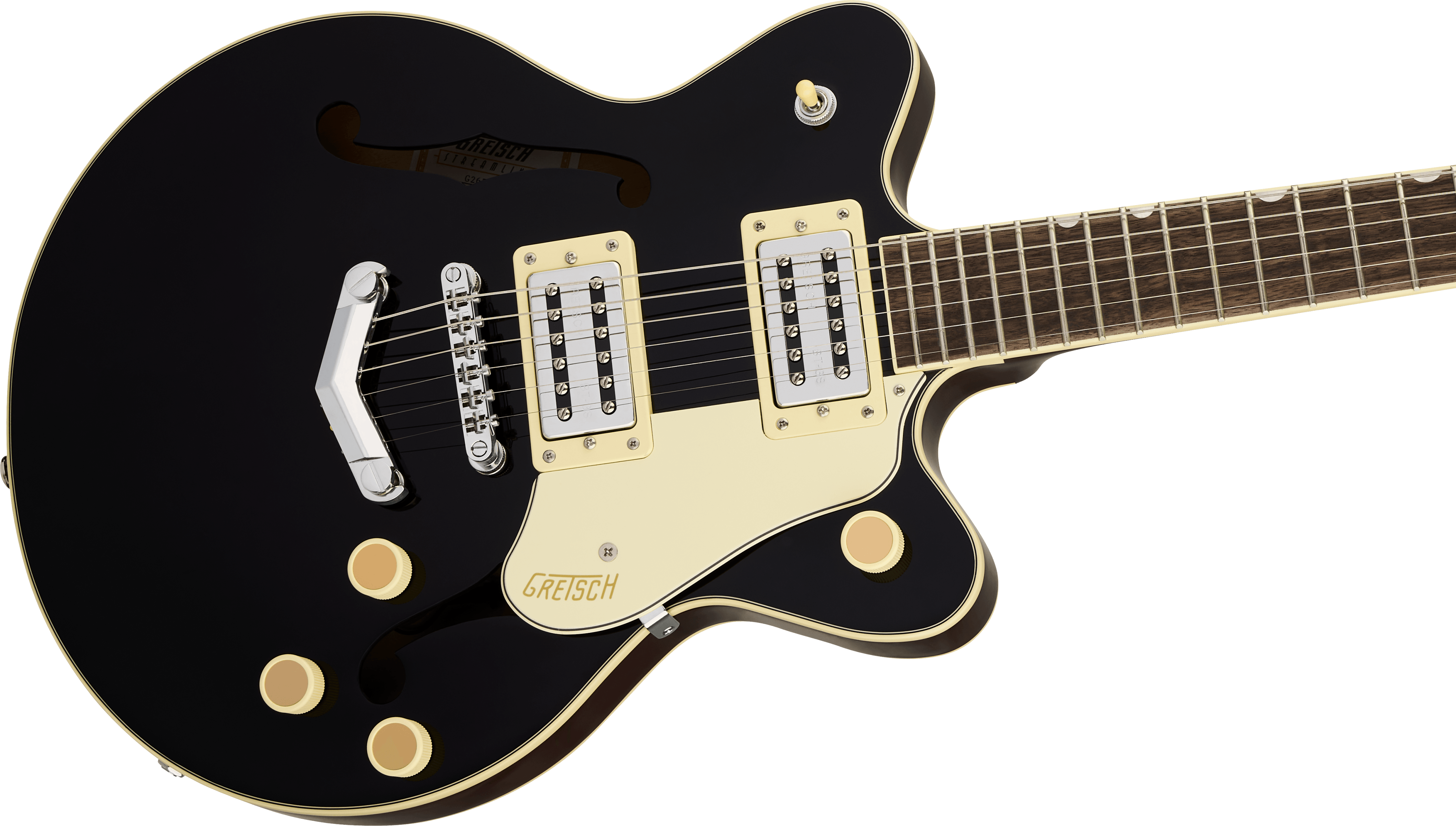 Glossy black electric guitar with gold hardware, cream pickguard, two humbucker pickups, and f-shaped sound hole on the left side of the body.