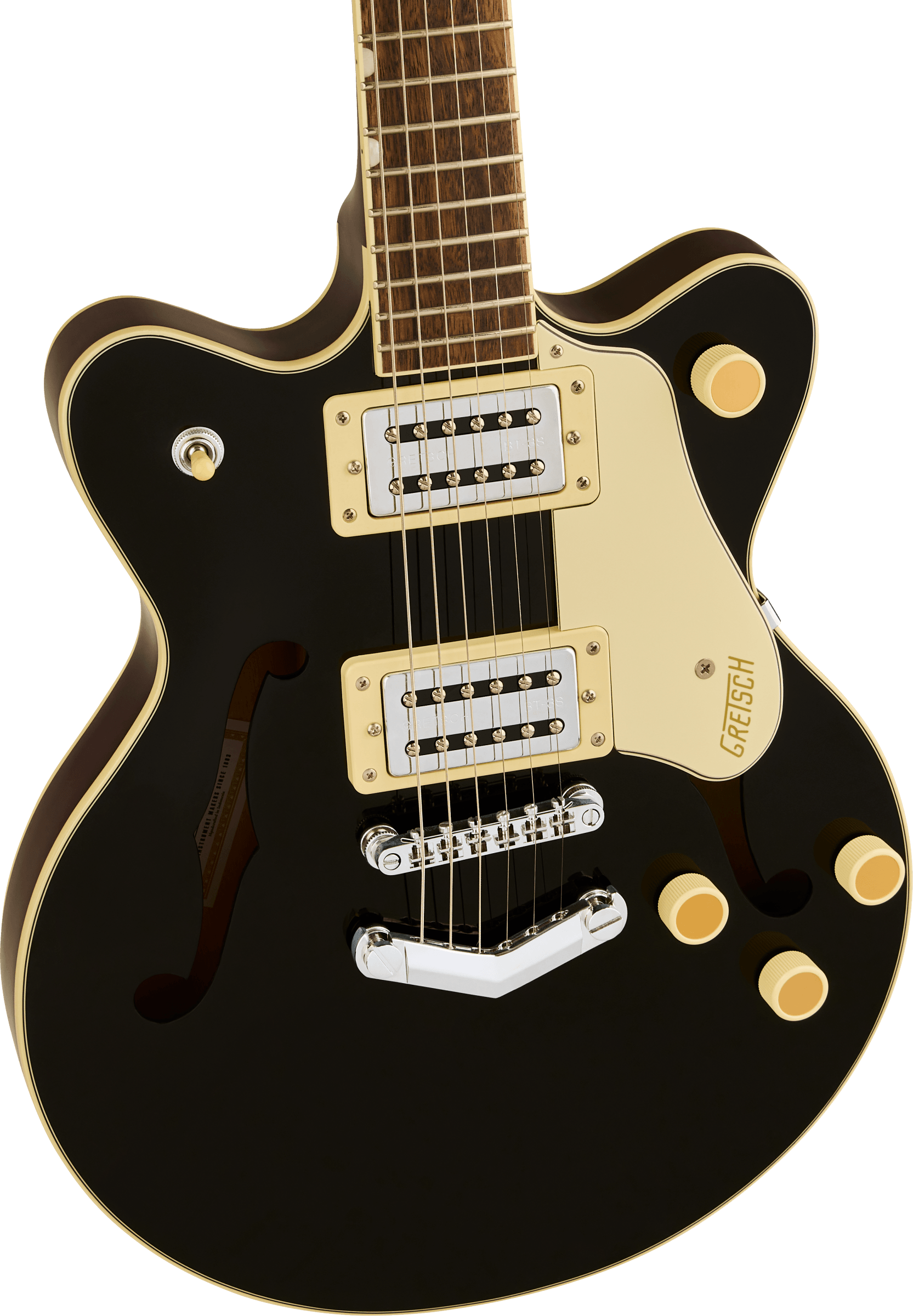 Black electric guitar with gold pickguard, four gold control knobs, dual chrome pickups, and f-shaped sound holes on a semi-hollow body.