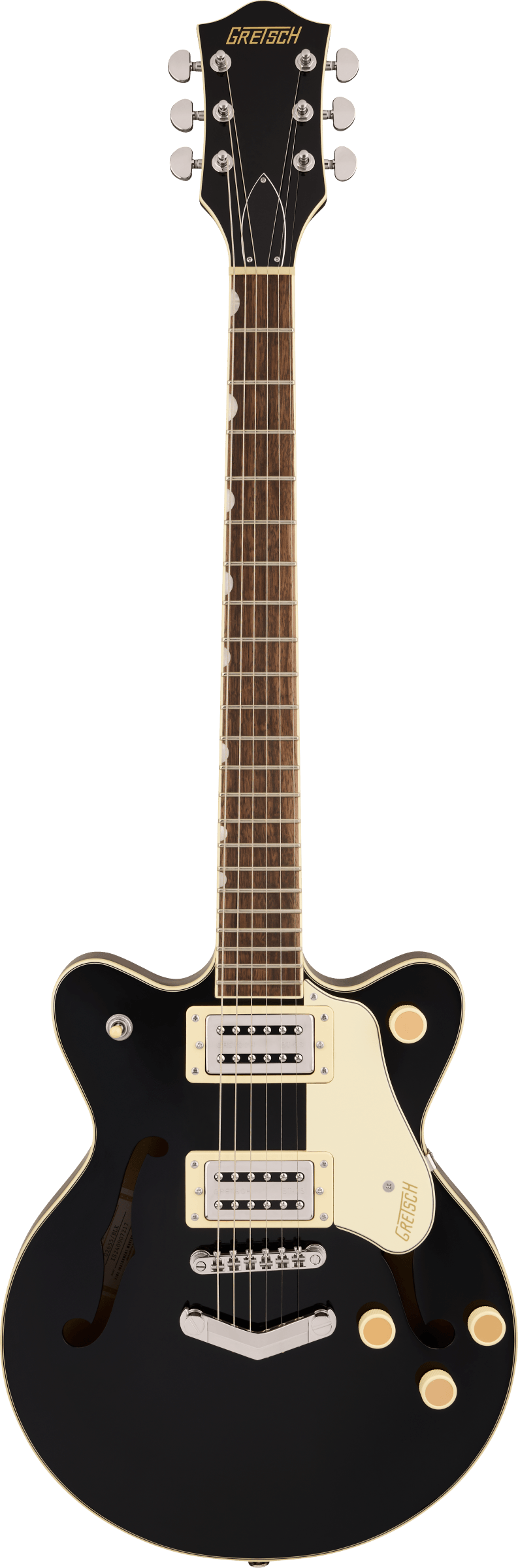 Black Gretsch electric guitar with a hollow body, gold pickguard, two chrome pickups, three gold control knobs, and f-shaped sound holes.