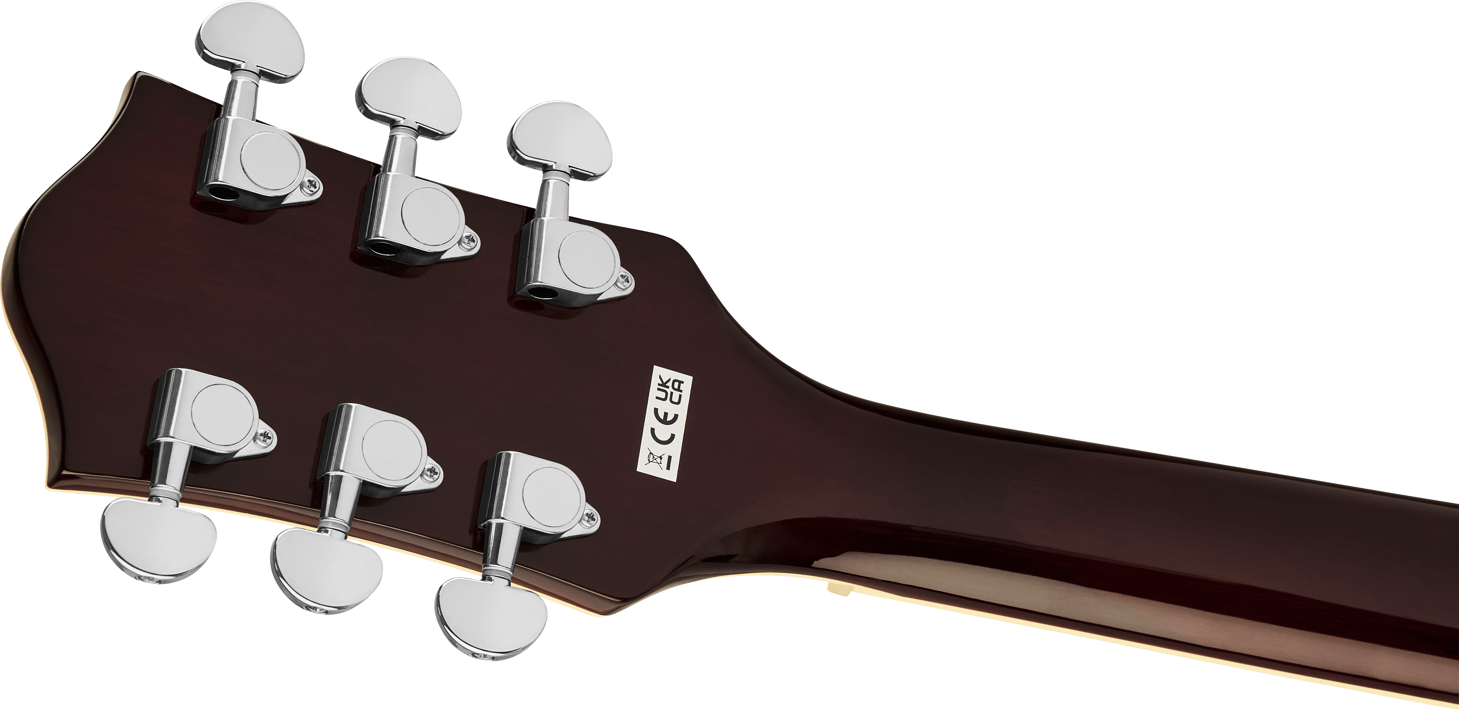 Six chrome tuning pegs on a dark wood electric guitar headstock, with a small white label showing certification symbols on the back.