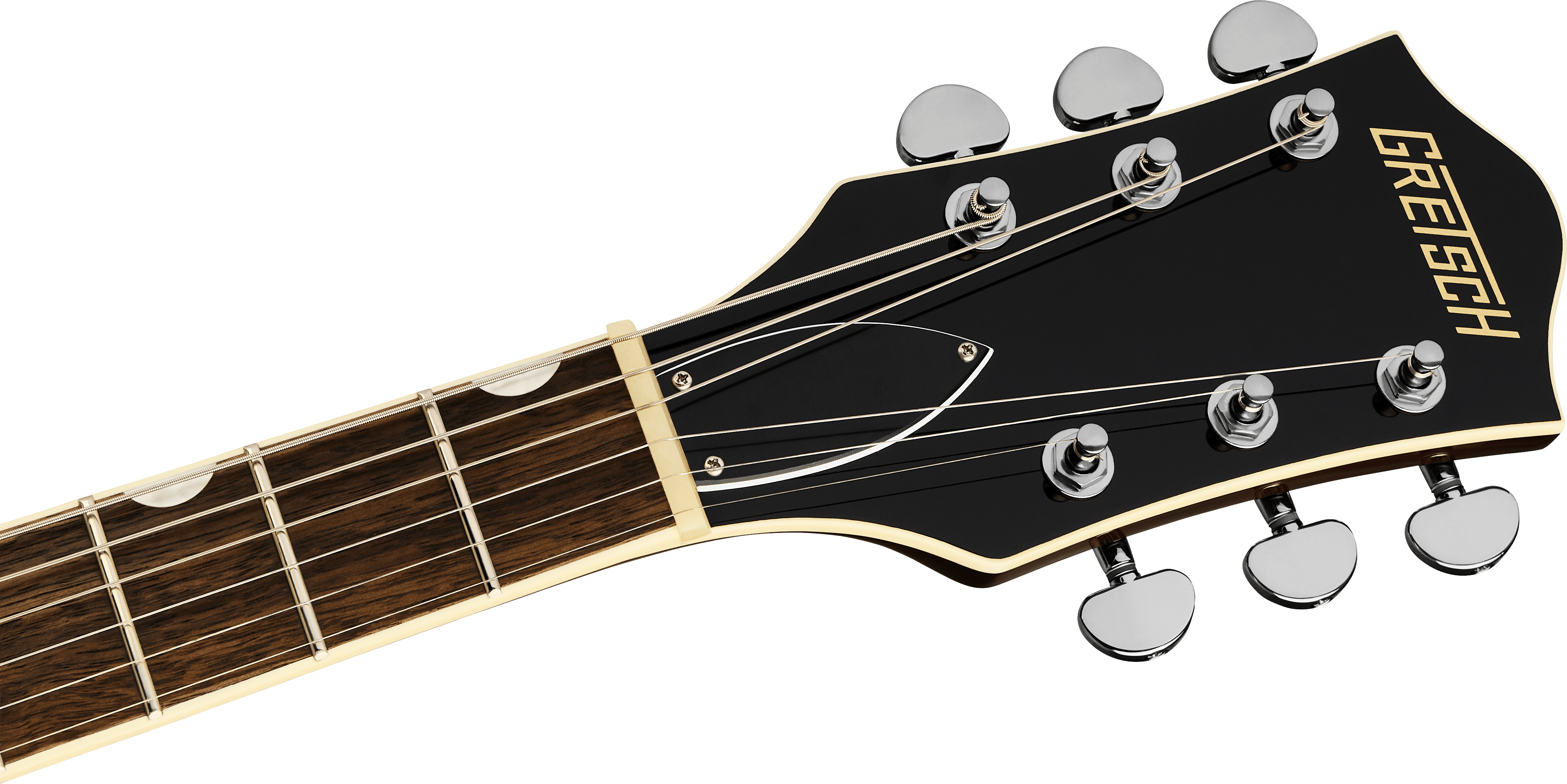 Black Gretsch electric guitar headstock with gold logo, six silver tuning pegs, and a dark wood fretboard with white inlays.