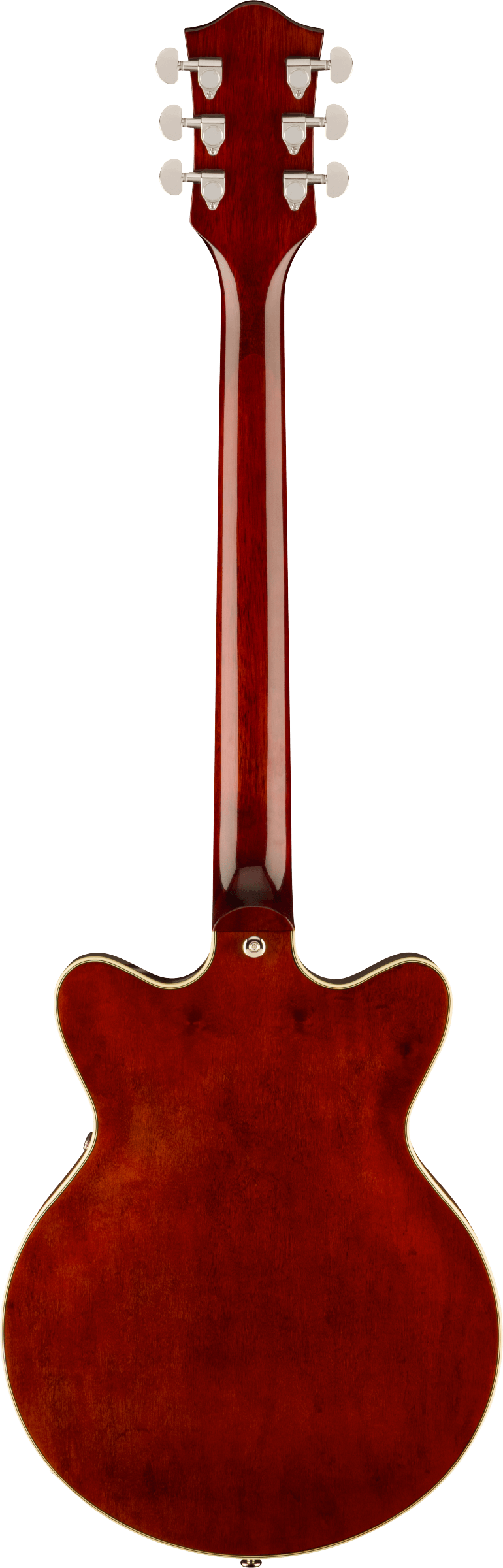 Back view of a semi-hollow electric guitar with a glossy reddish-brown wood finish and cream binding, showing six chrome tuning pegs.