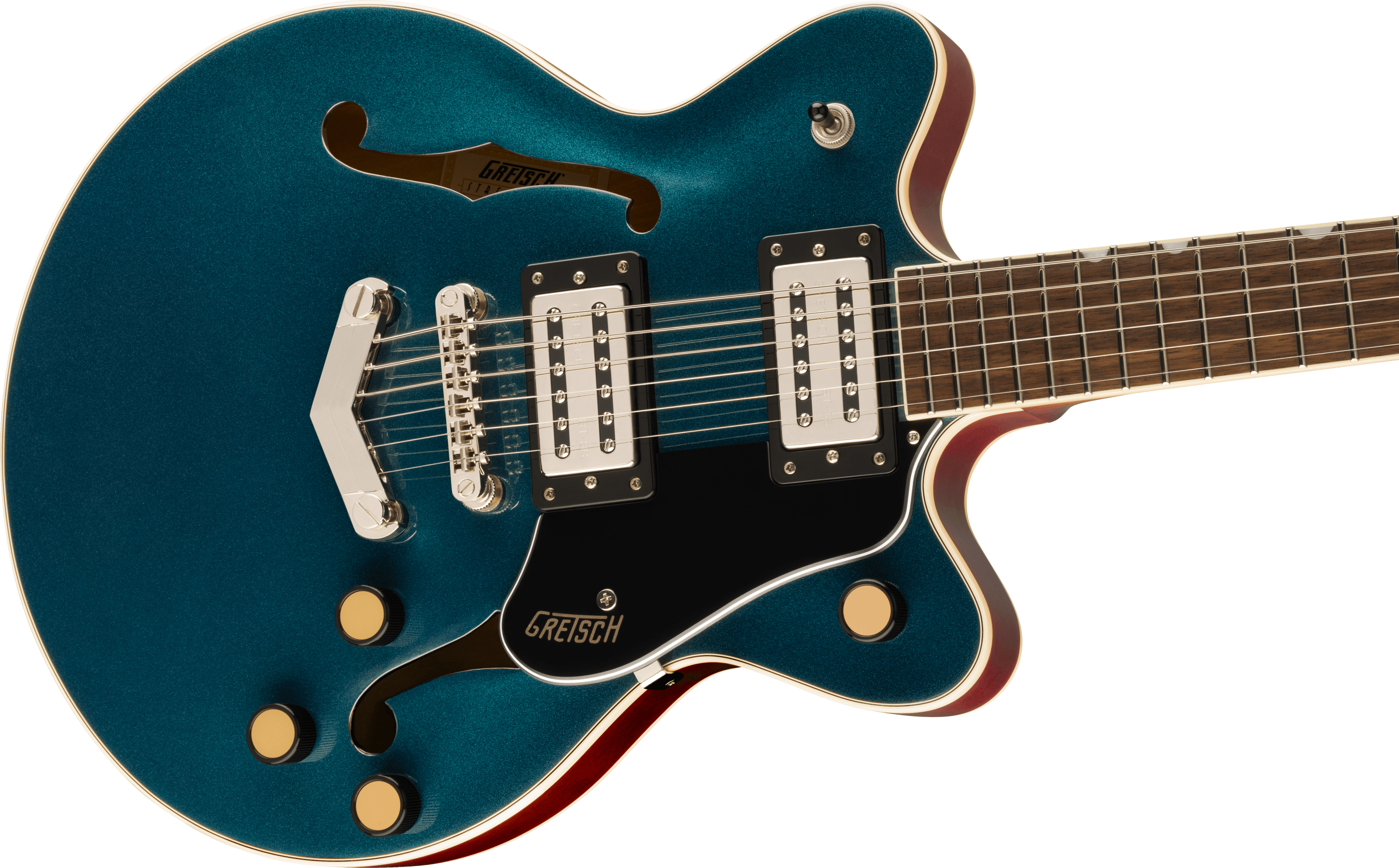 Metallic teal Gretsch electric guitar with semi-hollow body, two humbucker pickups, F-hole, black pickguard, and four gold control knobs.