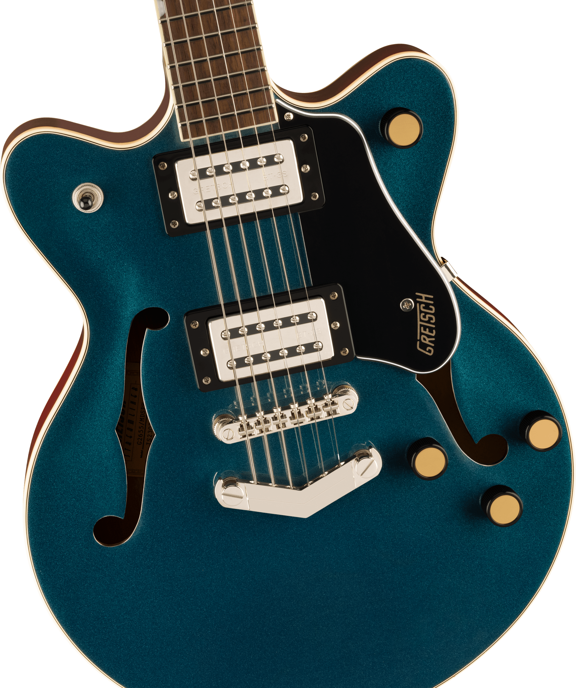 Blue Gretsch electric guitar with two humbucker pickups, gold knobs, black pickguard, and f-shaped sound holes on each side of the body.