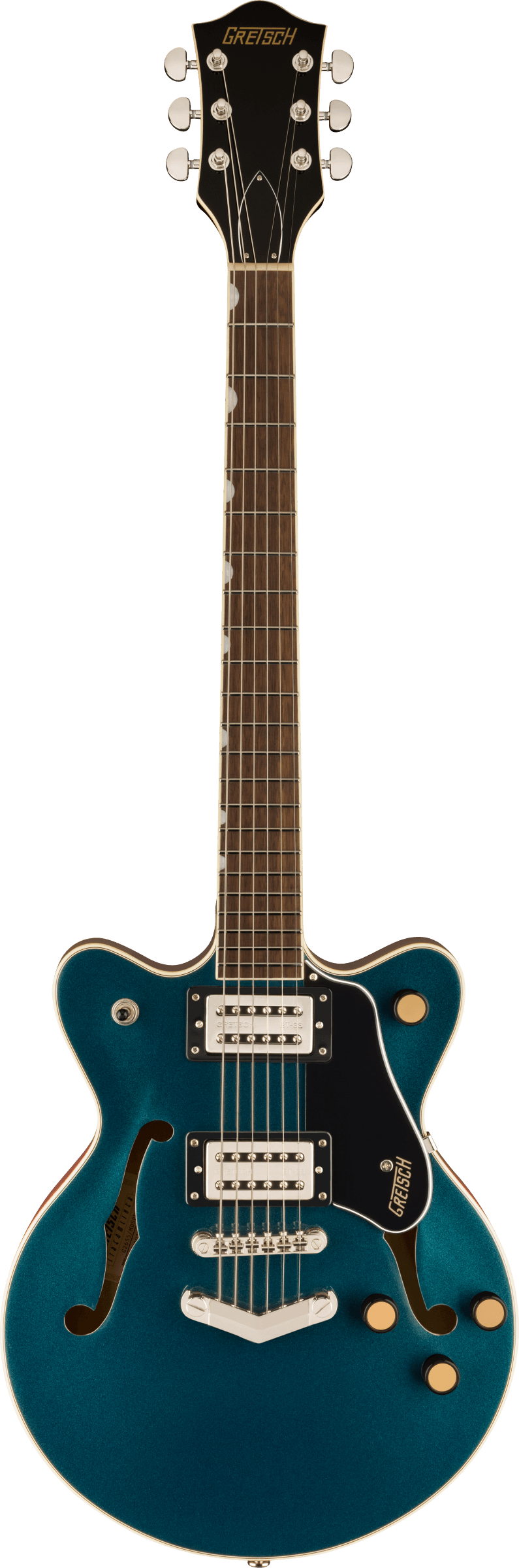 Gretsch electric guitar in metallic teal with semi-hollow body, two humbucker pickups, black pickguard, and gold control knobs.