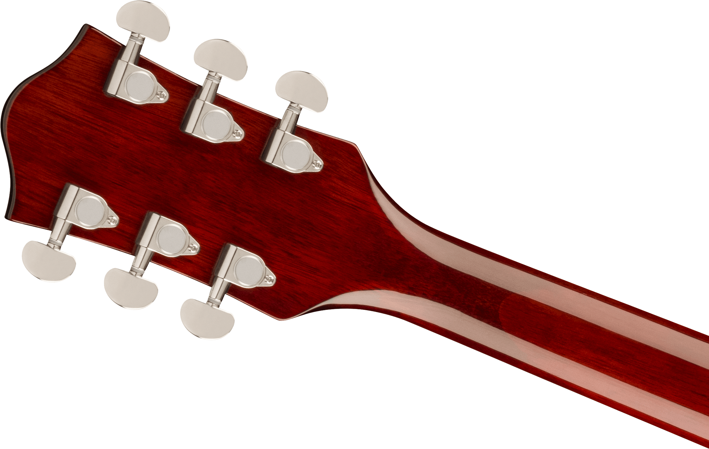 Rear view of an electric guitar headstock with six chrome tuning pegs on a glossy, reddish-brown wooden neck.
