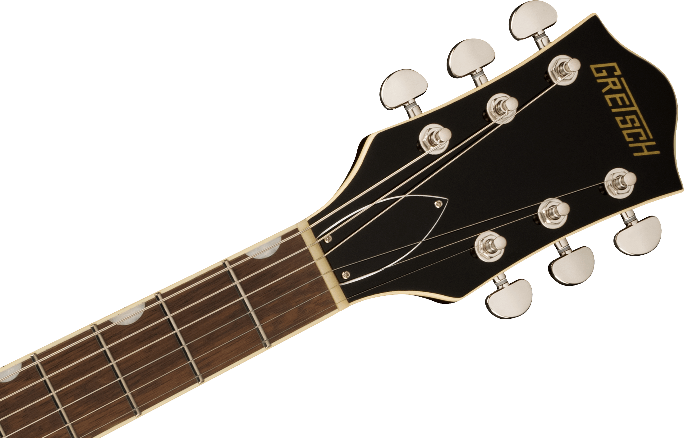 Gretsch electric guitar headstock with six silver tuning pegs, black face, gold logo, and part of the brown fretboard with inlay markers visible.