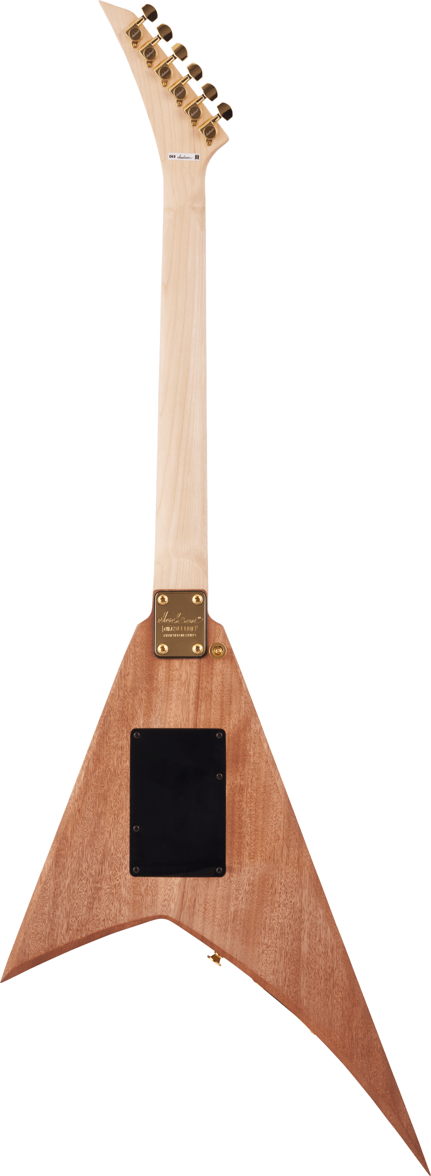 Pointed V-shaped electric guitar, natural wood finish, gold hardware, six tuners on angled headstock, black plastic cover on body back.