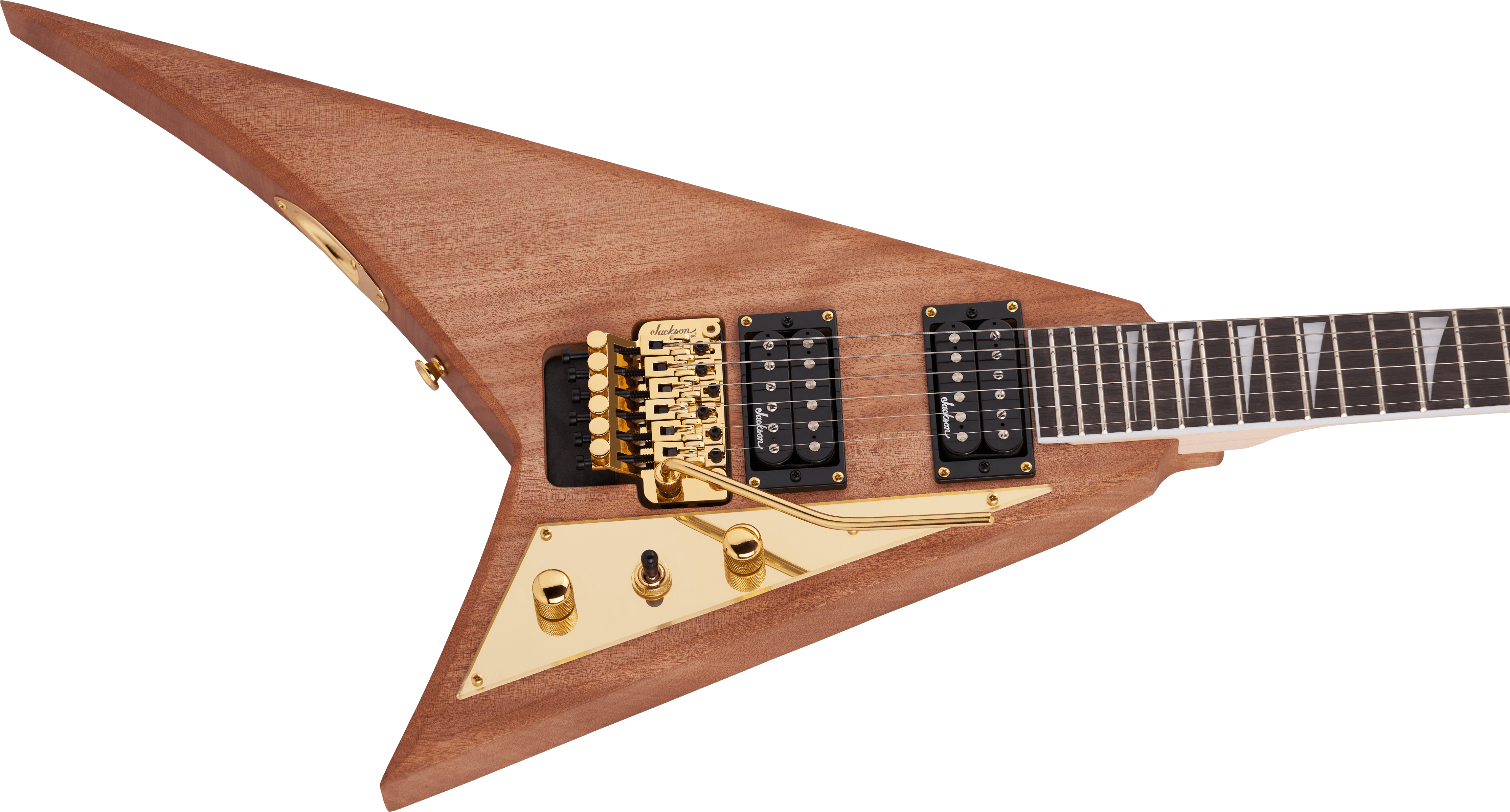 V-shaped electric guitar with natural wood finish, gold hardware, two black humbucker pickups, and a black fretboard with white triangle inlays.