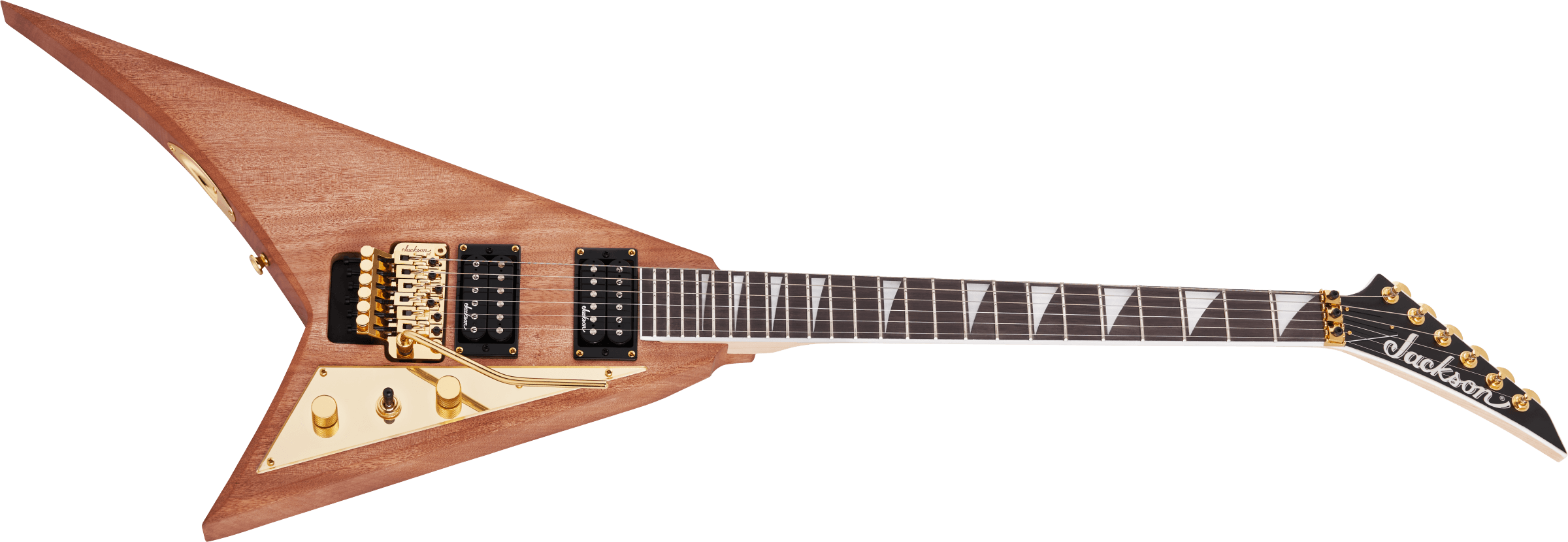 Jackson electric guitar with a sharp V-shaped natural wood body, gold hardware, two black humbuckers, and triangular fretboard inlays.