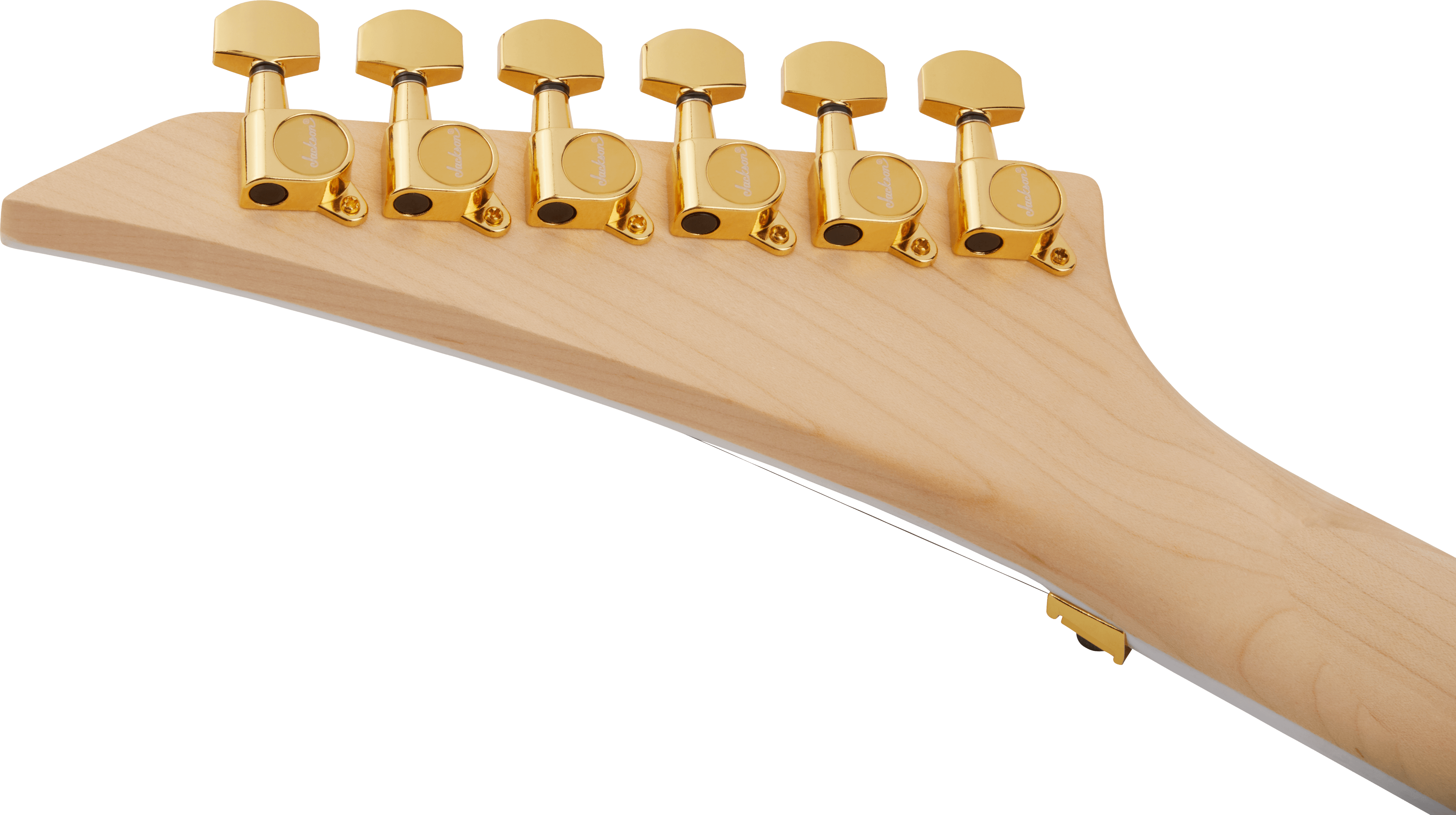 Light maple electric guitar headstock with six gold tuning pegs in a row, viewed from the back.