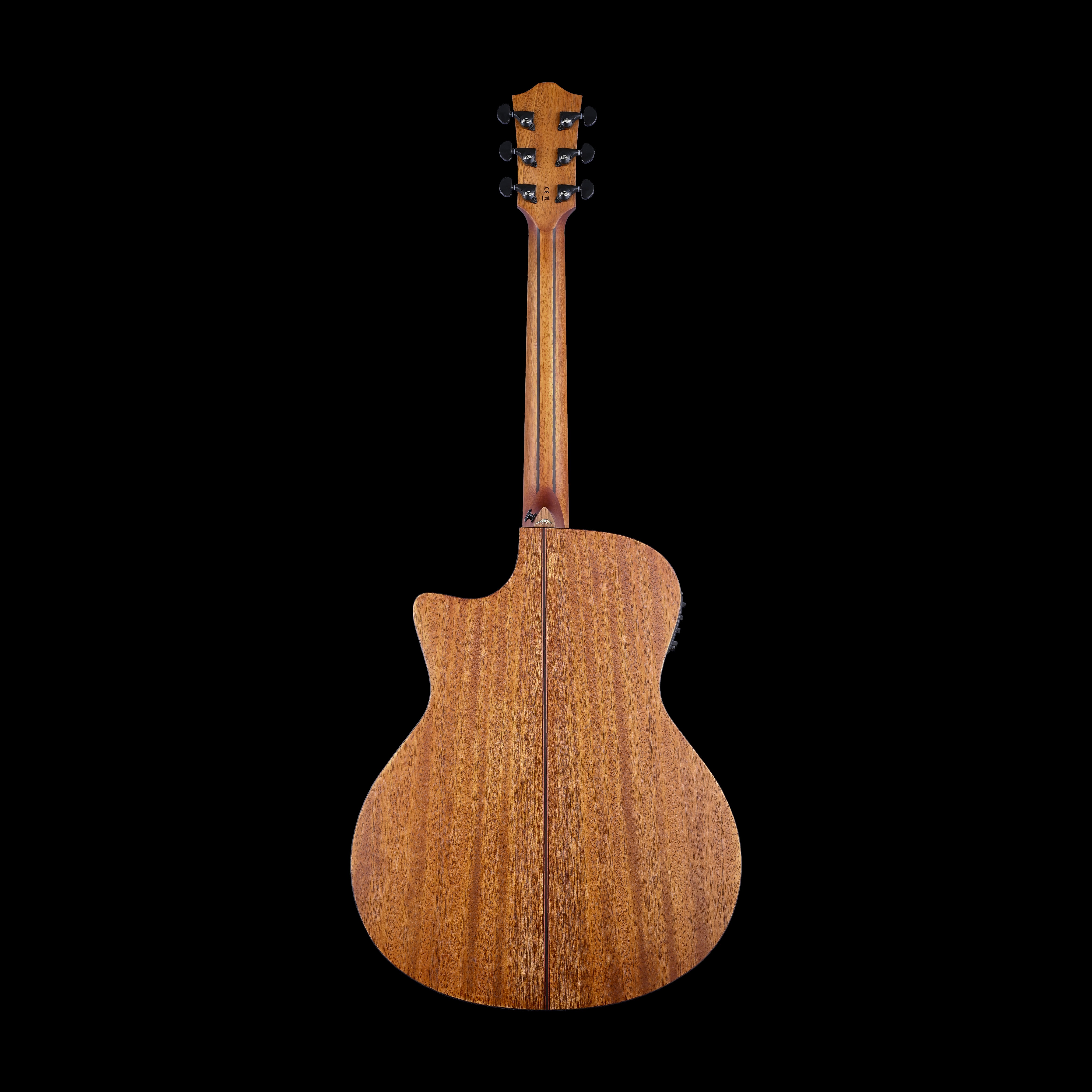 Back view of an acoustic guitar showing natural wood grain, single cutaway body, and six tuning pegs on the headstock.