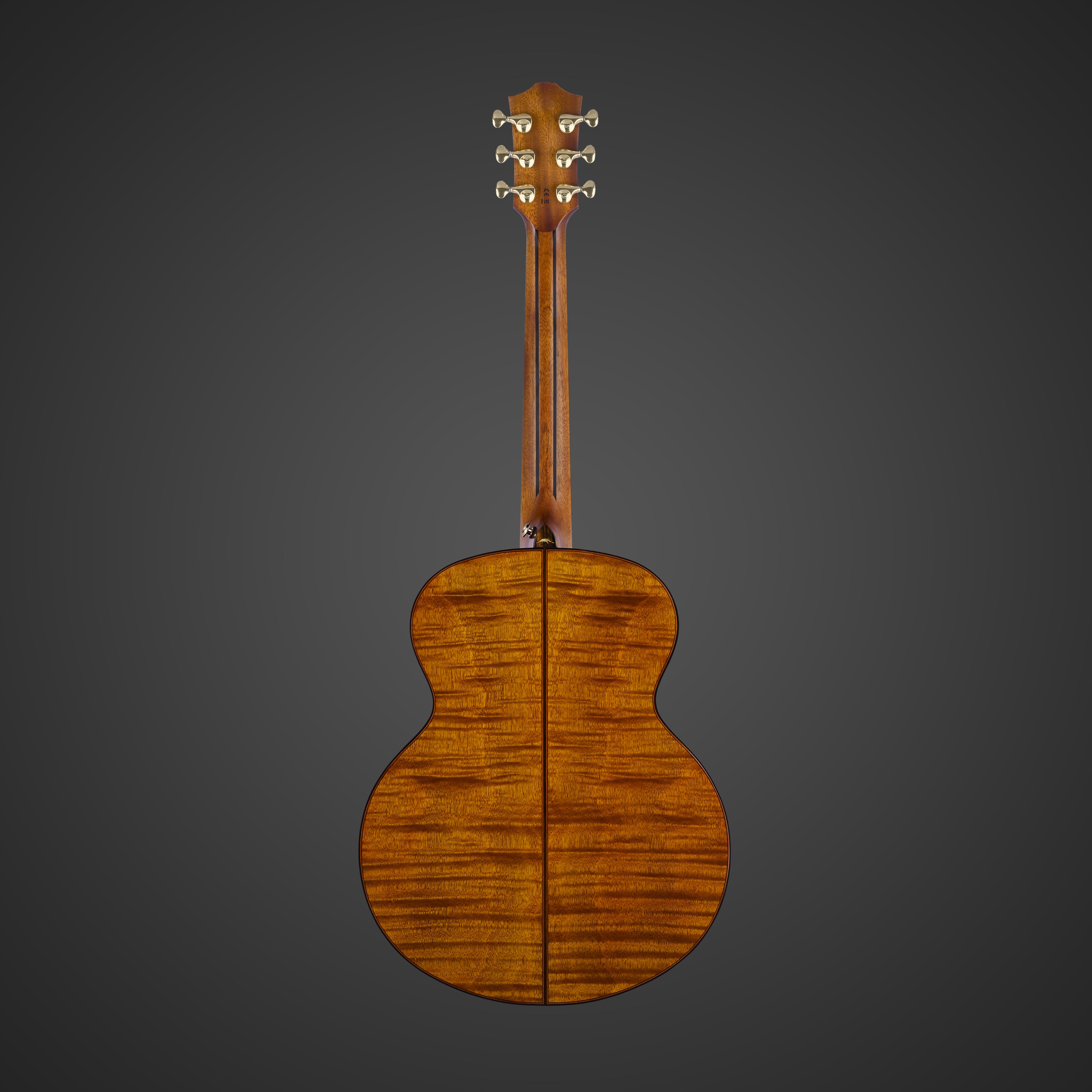 The back of an acoustic guitar with a glossy, striped wood finish and six gold tuning pegs, shown against a plain dark background.