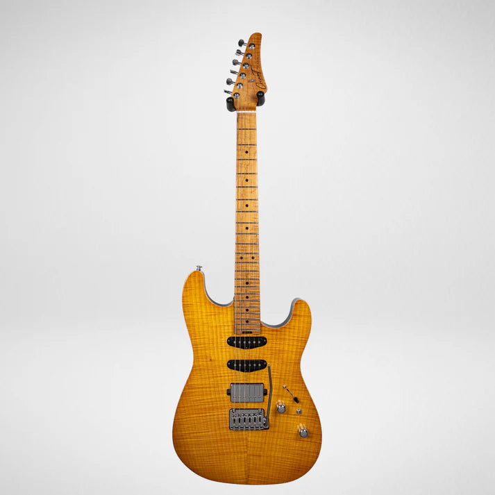 Electric guitar with a glossy amber wood finish, maple neck, chrome bridge, two black single-coil pickups, one silver humbucker, and three control knobs.