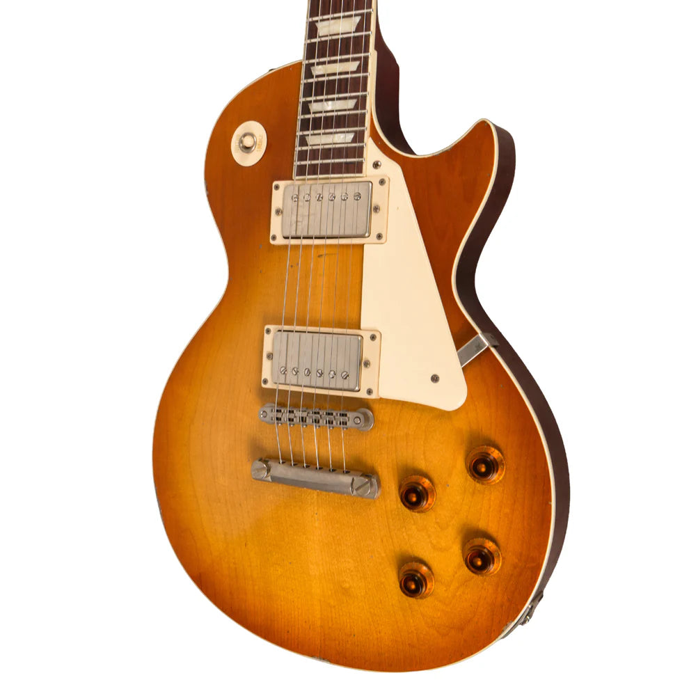 Sunburst electric guitar with a single cutaway, cream pickguard, two humbucker pickups, four control knobs, and chrome bridge and tailpiece.