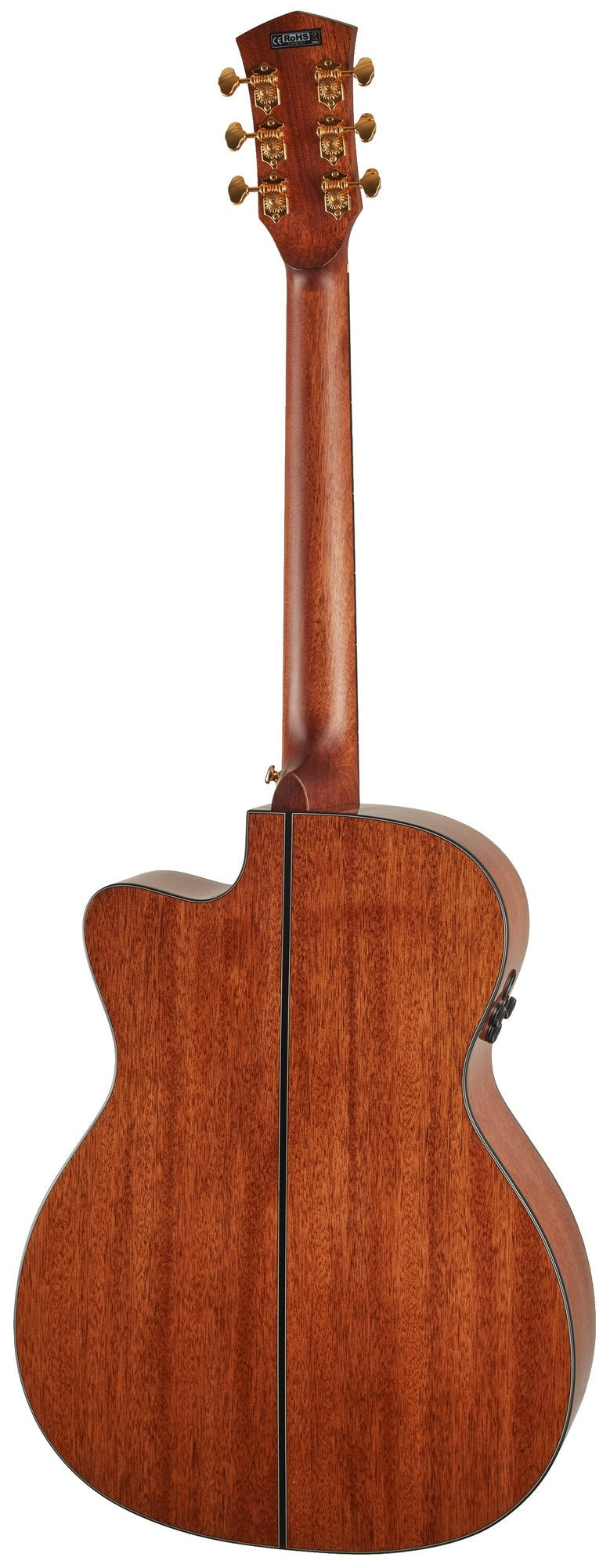 Acoustic guitar shown from the back, featuring a glossy brown wood finish, gold tuning pegs, and a single black stripe running down the body’s center.