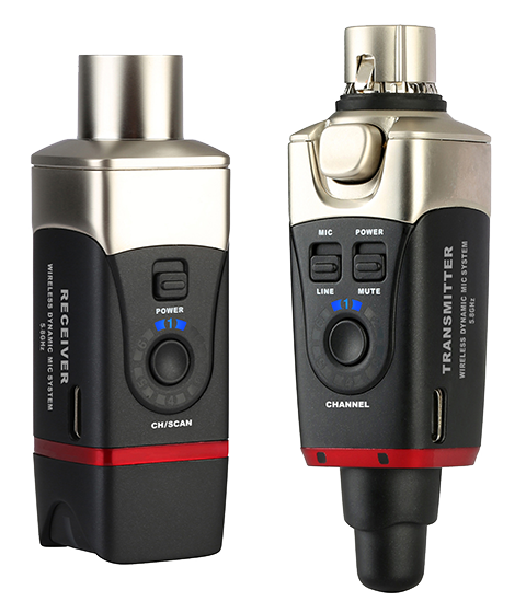 Two compact wireless transmitters with metal tops, control buttons, and LED indicators, labeled as receiver and transmitter for audio systems.