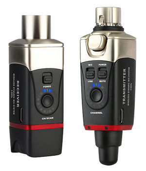 Two compact wireless transmitters with metal tops, control buttons, and LED indicators, labeled as receiver and transmitter for audio systems.