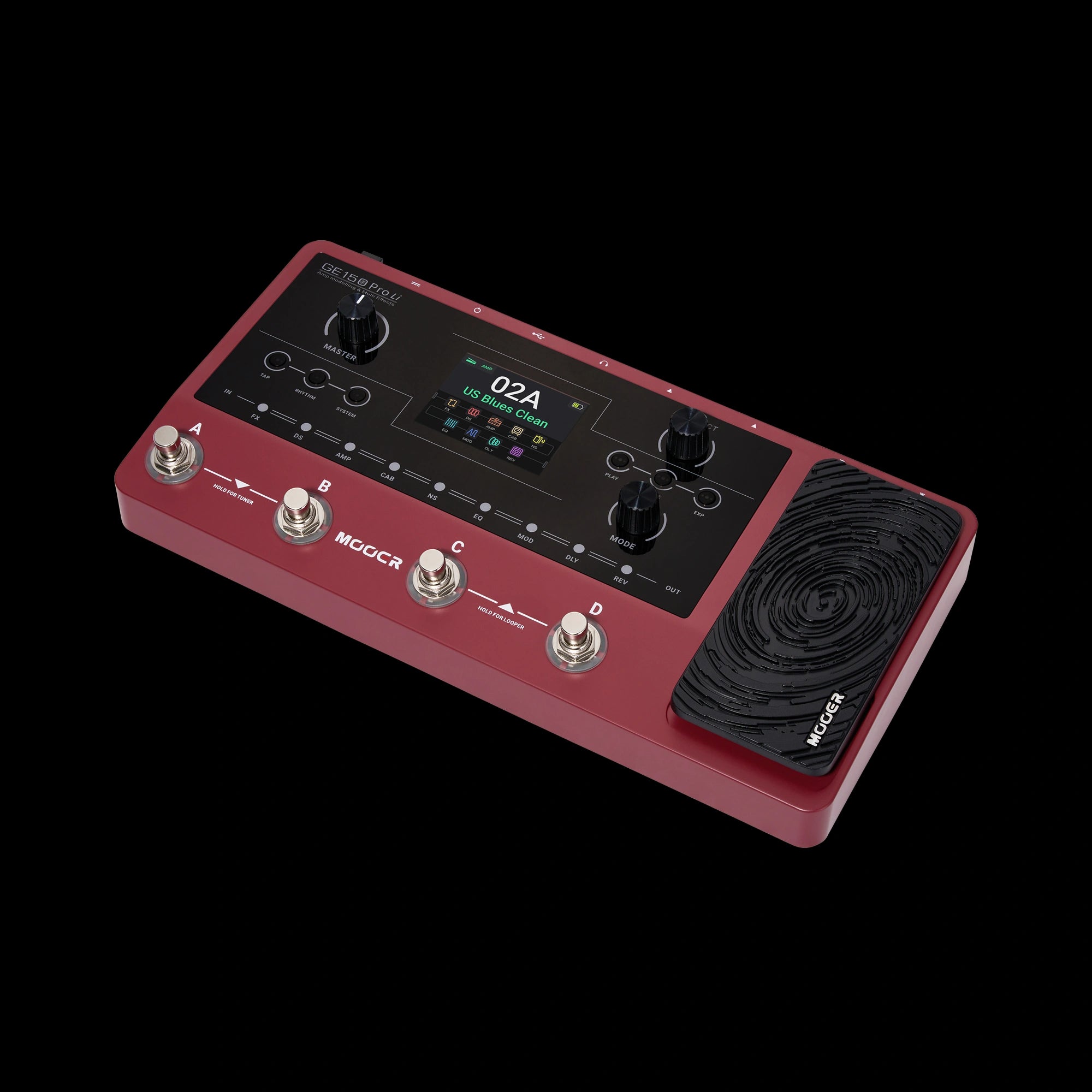 Red effects pedal with a digital screen, five chrome footswitches labeled A to D plus EXP, multiple knobs, and a black textured expression pedal.