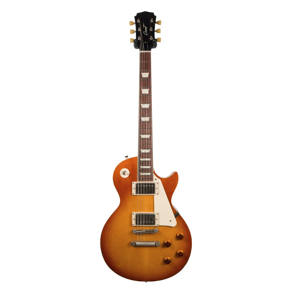 Sunburst electric guitar with a single cutaway, two humbucker pickups, four control knobs, and a white pickguard on a wooden finish body.