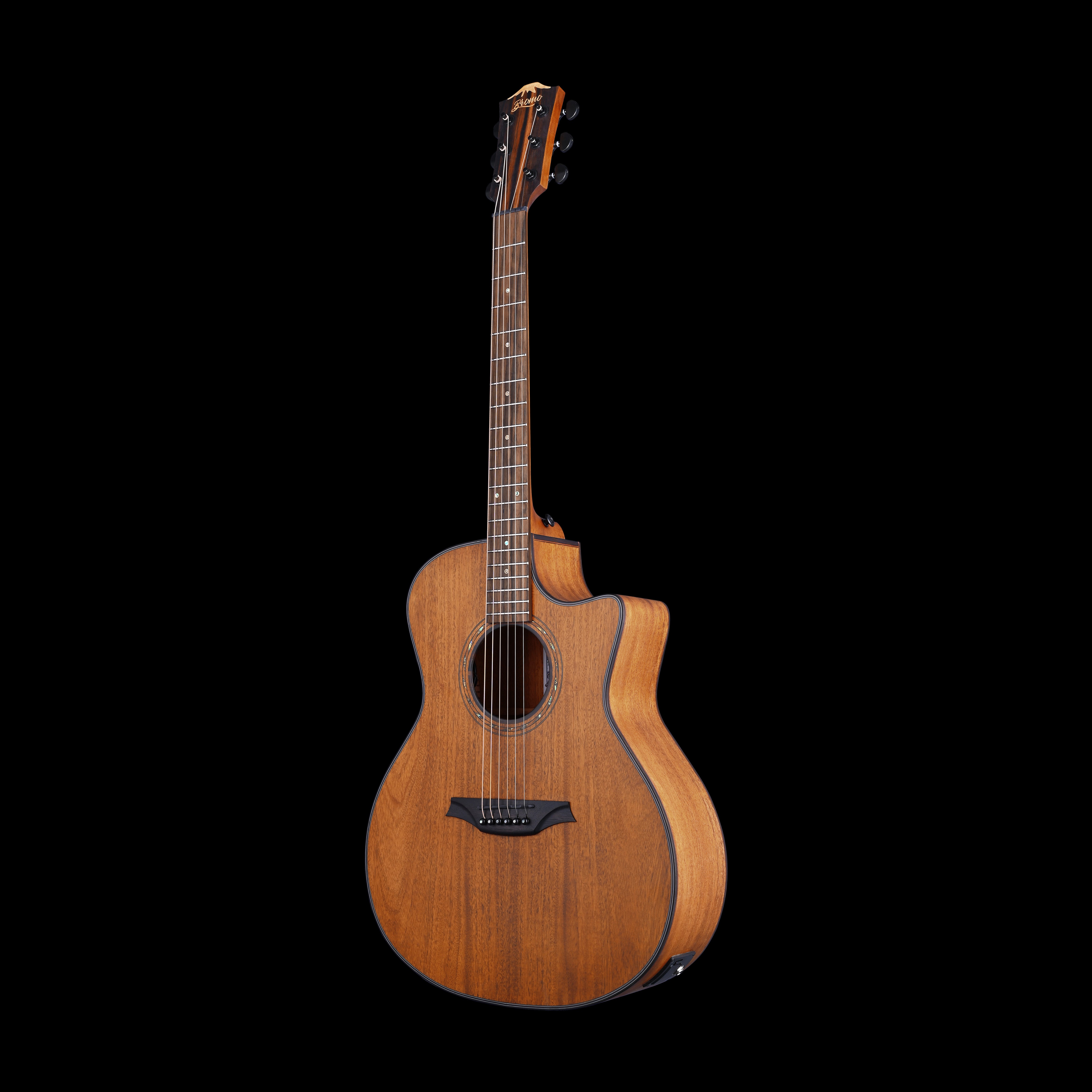 Acoustic guitar with natural wood finish, dark edging, six strings, and a single cutaway body for easier upper-fret access.
