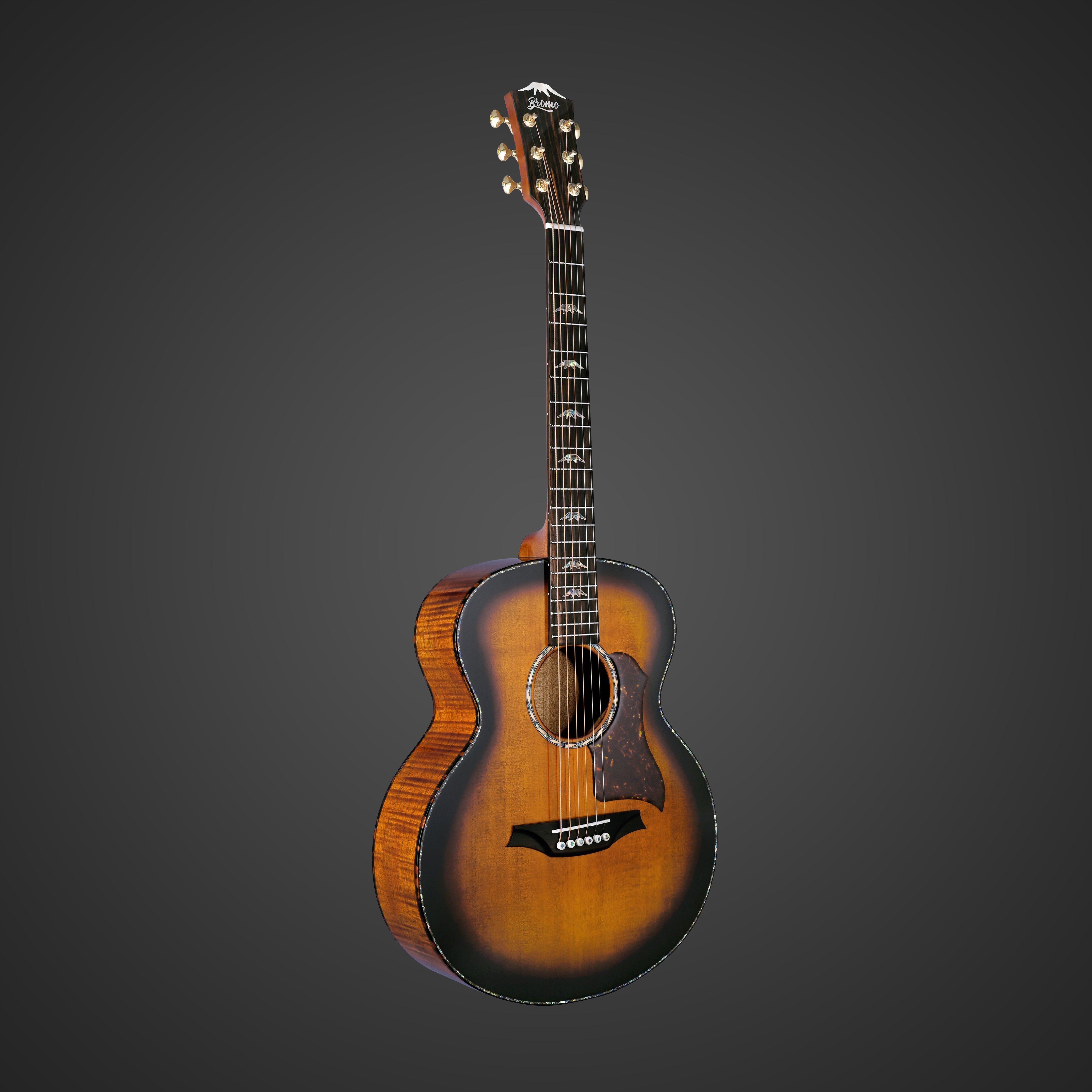 Sunburst acoustic guitar with a cutaway body, decorative inlays on the fretboard, dark edges, and six tuning pegs on the headstock.