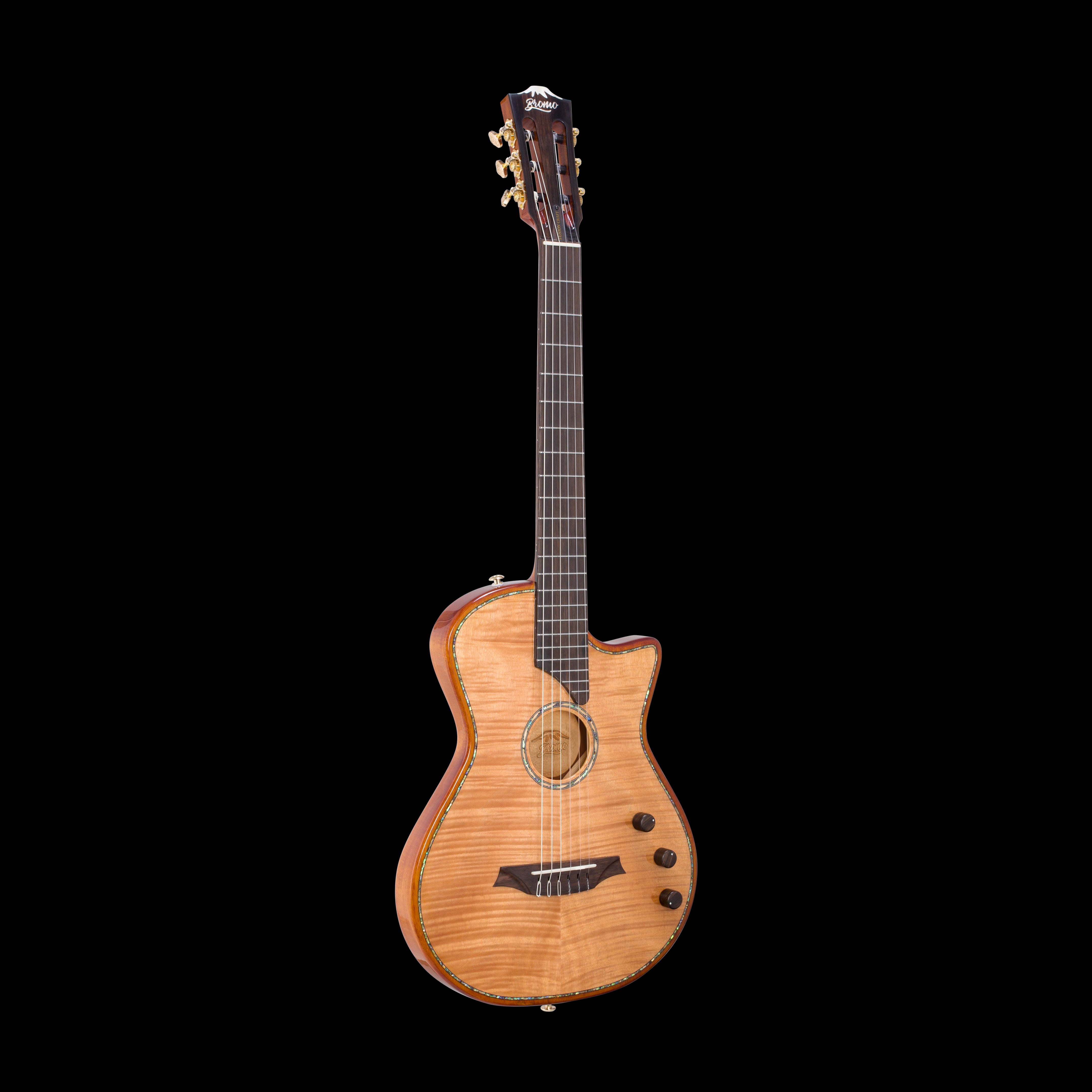 Guitare acoustique à pan coupé, finition bois clair avec deux boutons de réglage, six cordes et des mécaniques dorées.