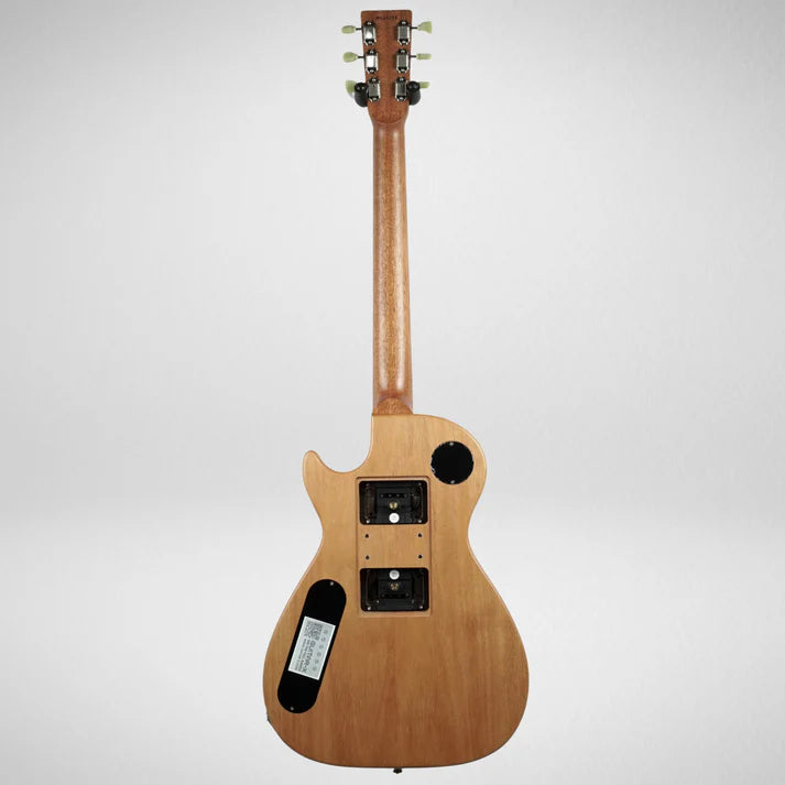 Back view of an unfinished electric guitar showing exposed electronics cavities, a round control plate, and open wood grain.