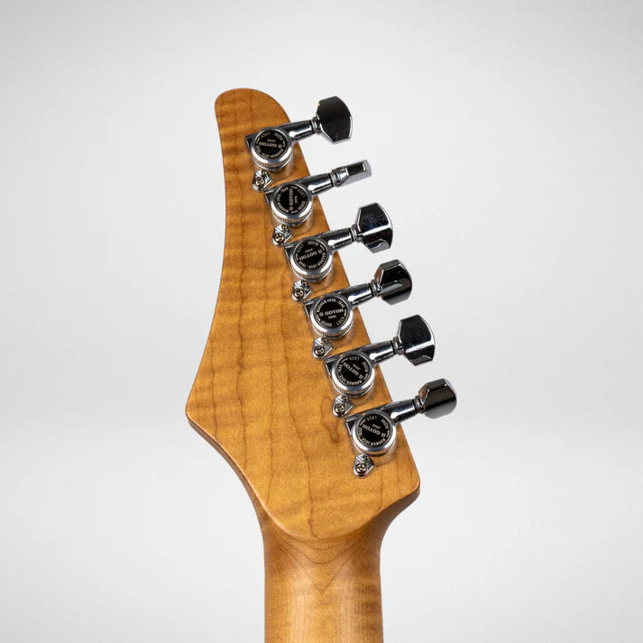 Six chrome tuning pegs on the headstock of a natural wood electric guitar neck, viewed from the back against a plain light background.