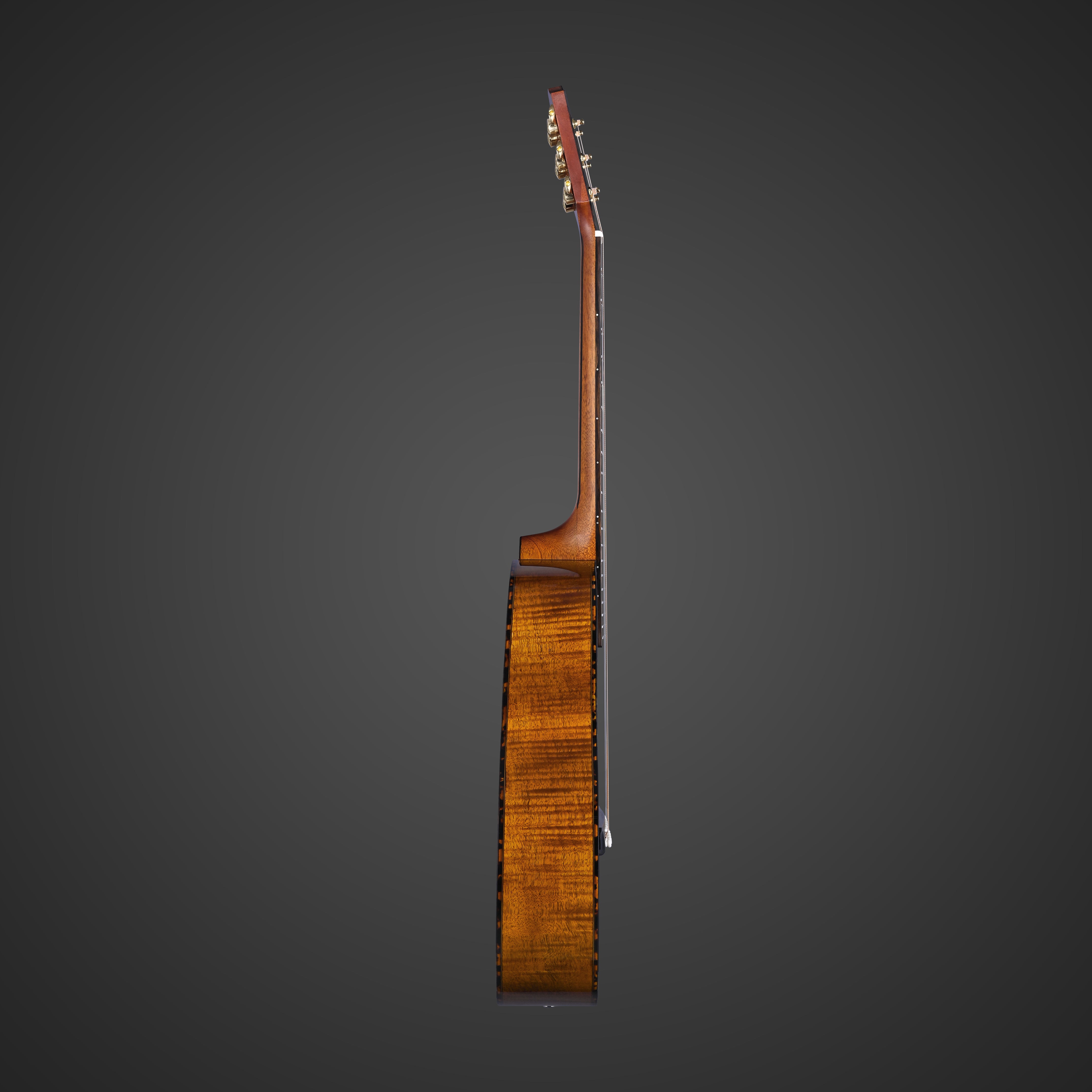 Brown acoustic guitar shown from the side, highlighting its wooden body, curved back, neck, and tuning pegs against a dark background.