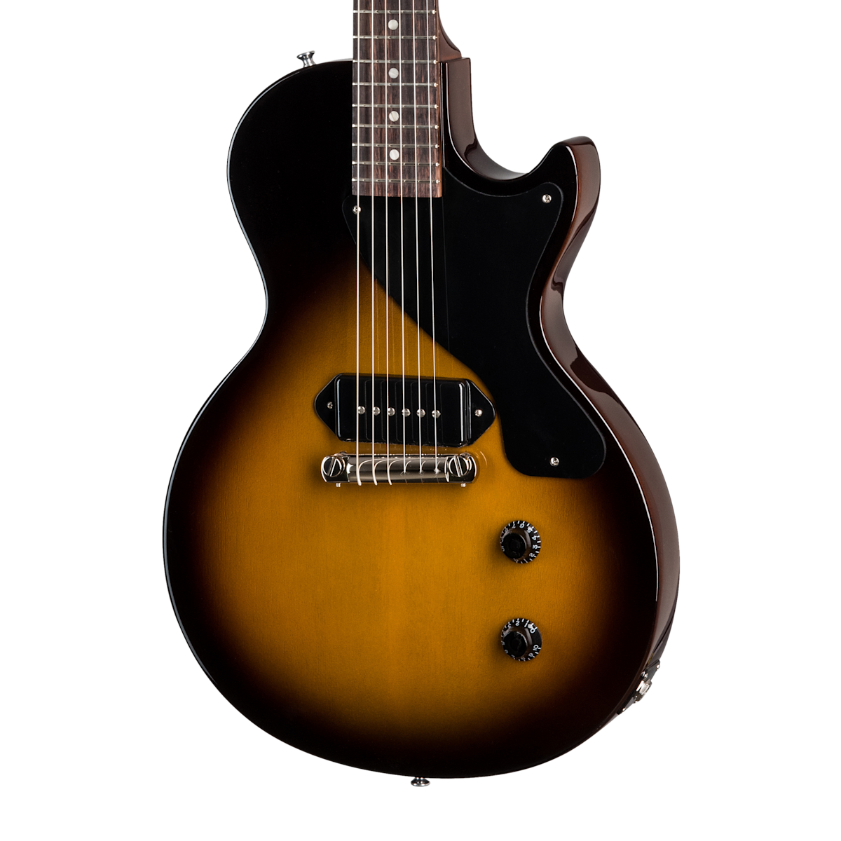 Sunburst finish electric guitar with single cutaway, one black single-coil pickup, black pickguard, two control knobs, and six strings.