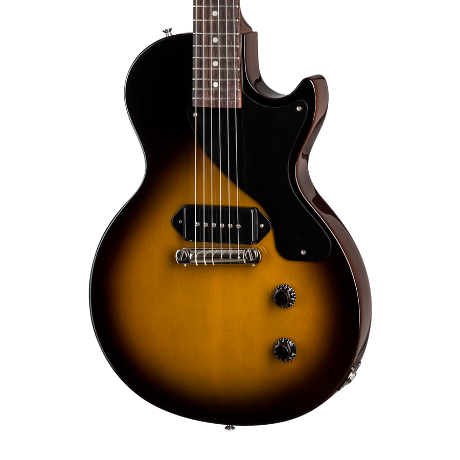 Sunburst finish electric guitar with single cutaway, one black single-coil pickup, black pickguard, two control knobs, and six strings.