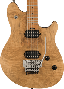 Natural wood finish electric guitar with two black humbucker pickups, a tremolo bridge, three knobs, and a maple neck with dot inlays.