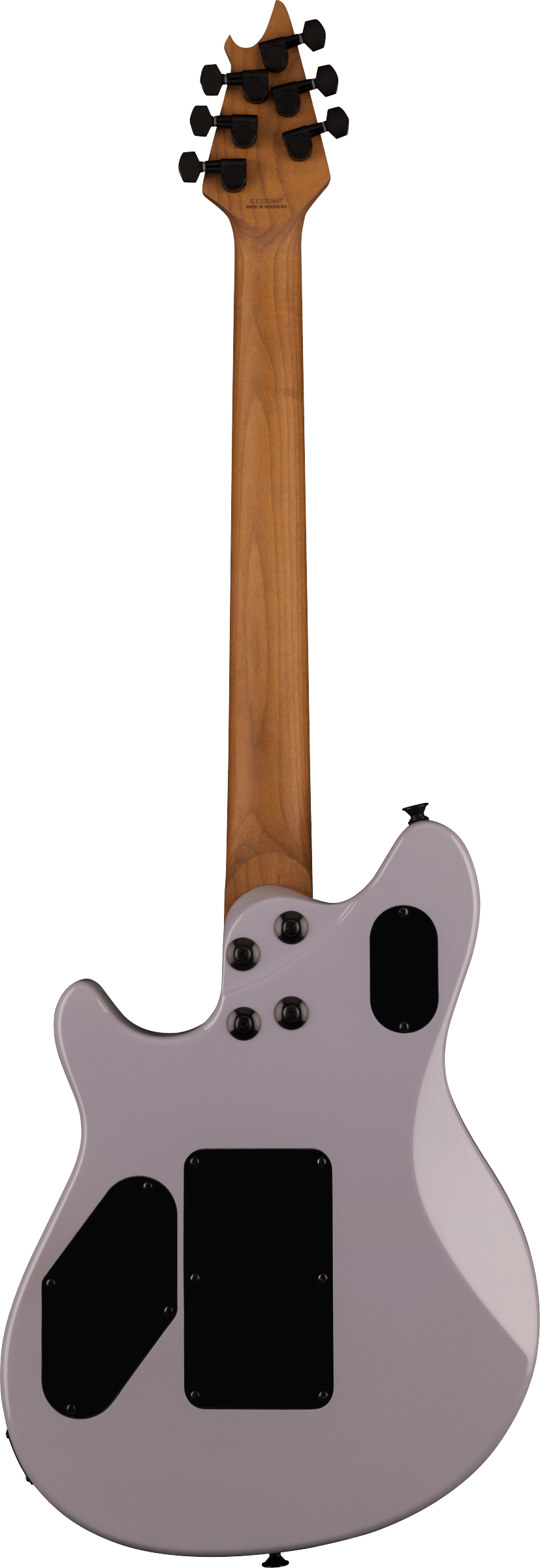 Back view of an EVH electric guitar showing a natural wood neck and headstock with six tuners, and a light purple body with three black control plates.