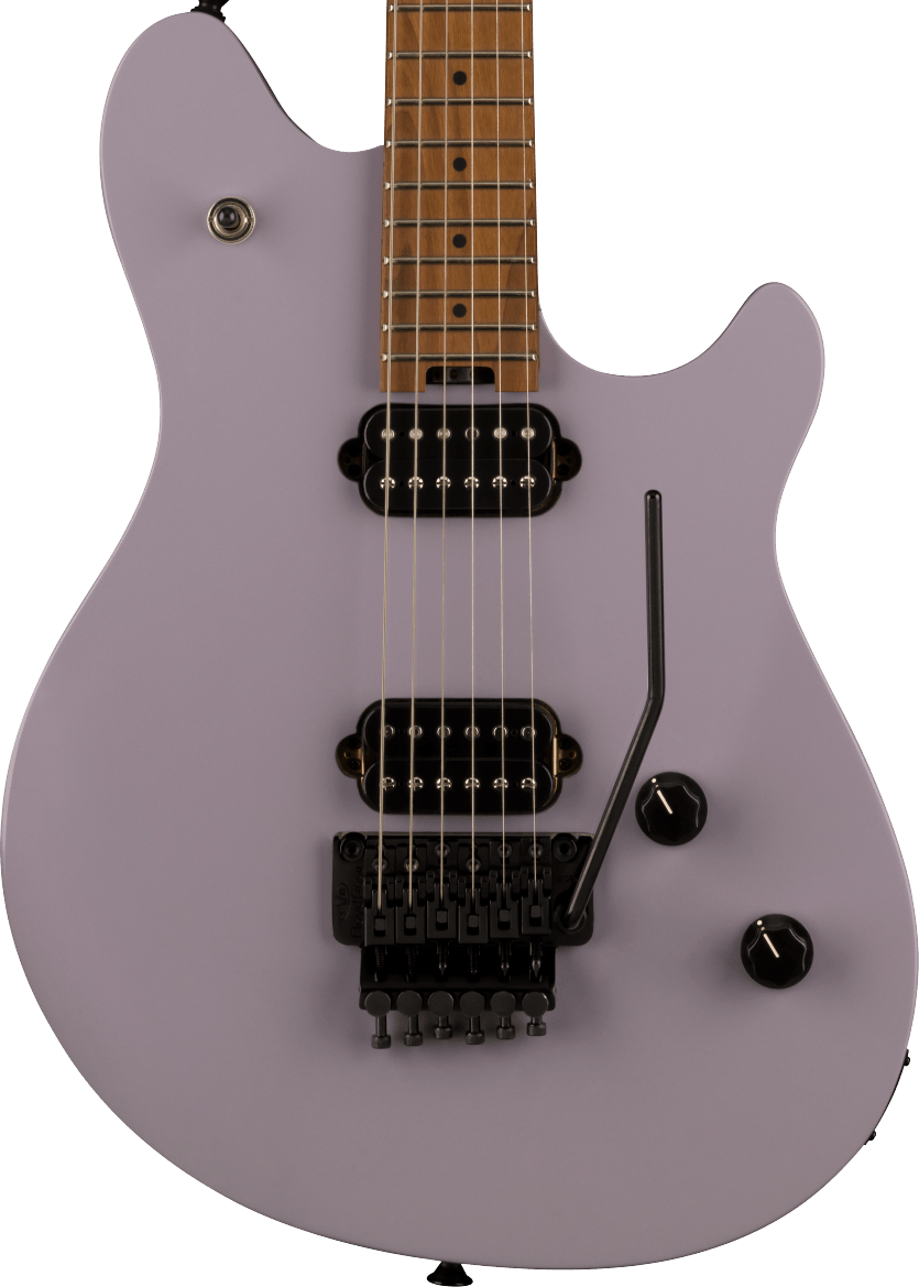 Matte light purple EVH electric guitar with two humbucker pickups, Floyd Rose bridge, tremolo arm, and two control knobs.